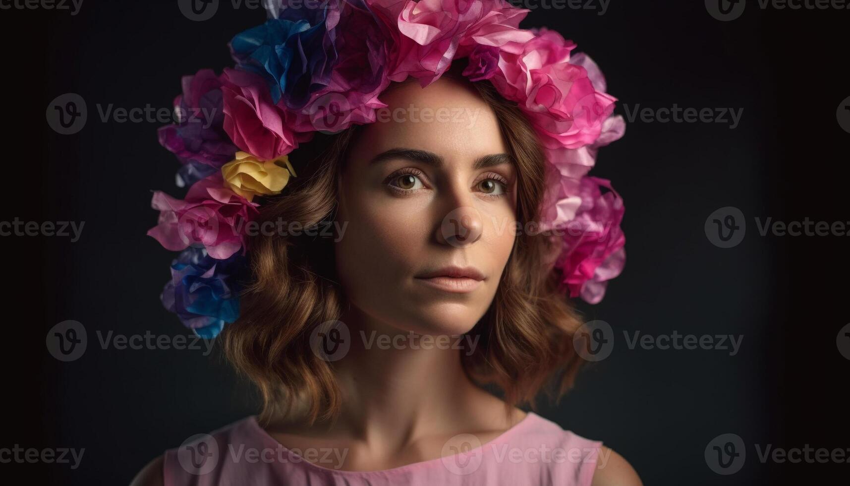 A beautiful woman with curly hair, looking cute and elegant generated by AI photo