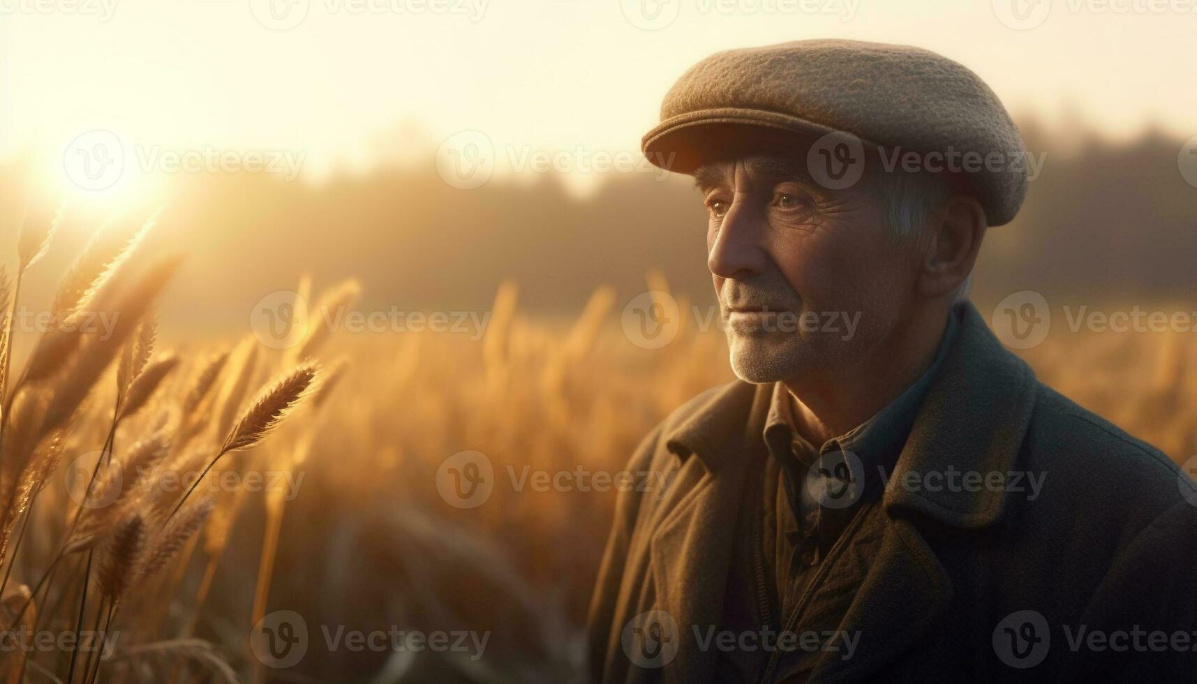 Smiling farmer in the sunset, enjoying the peaceful rural landscape generated by AI photo