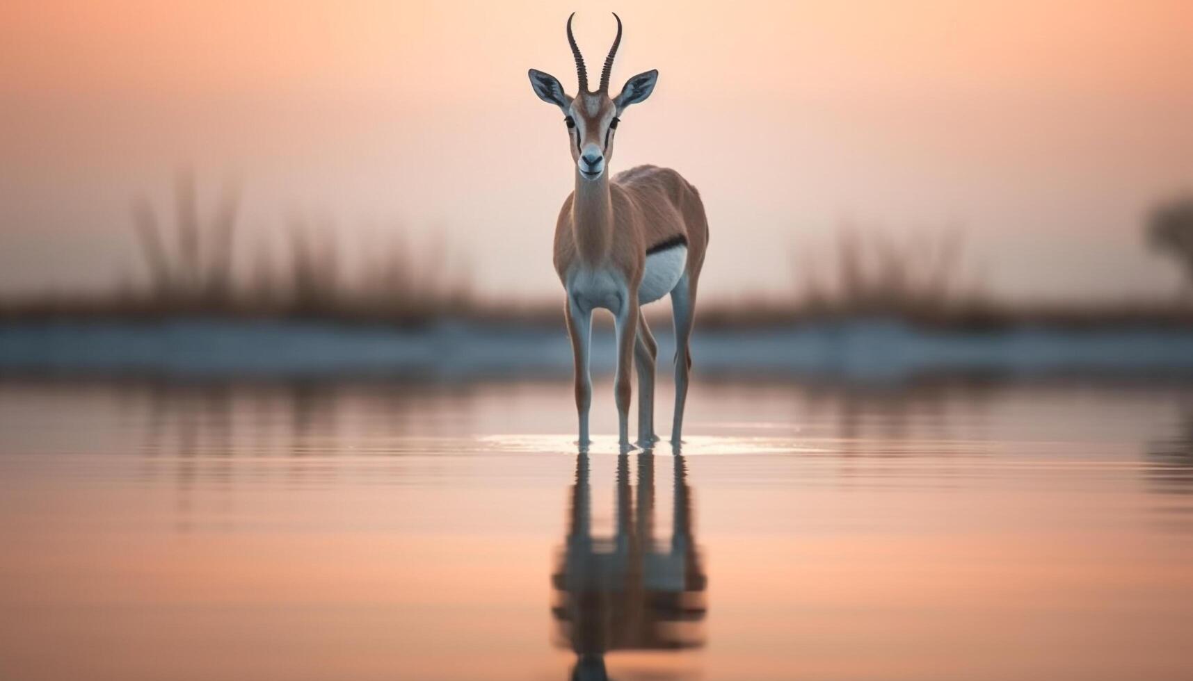 Silhouette of impala standing in tranquil sunset reflection generated by AI photo