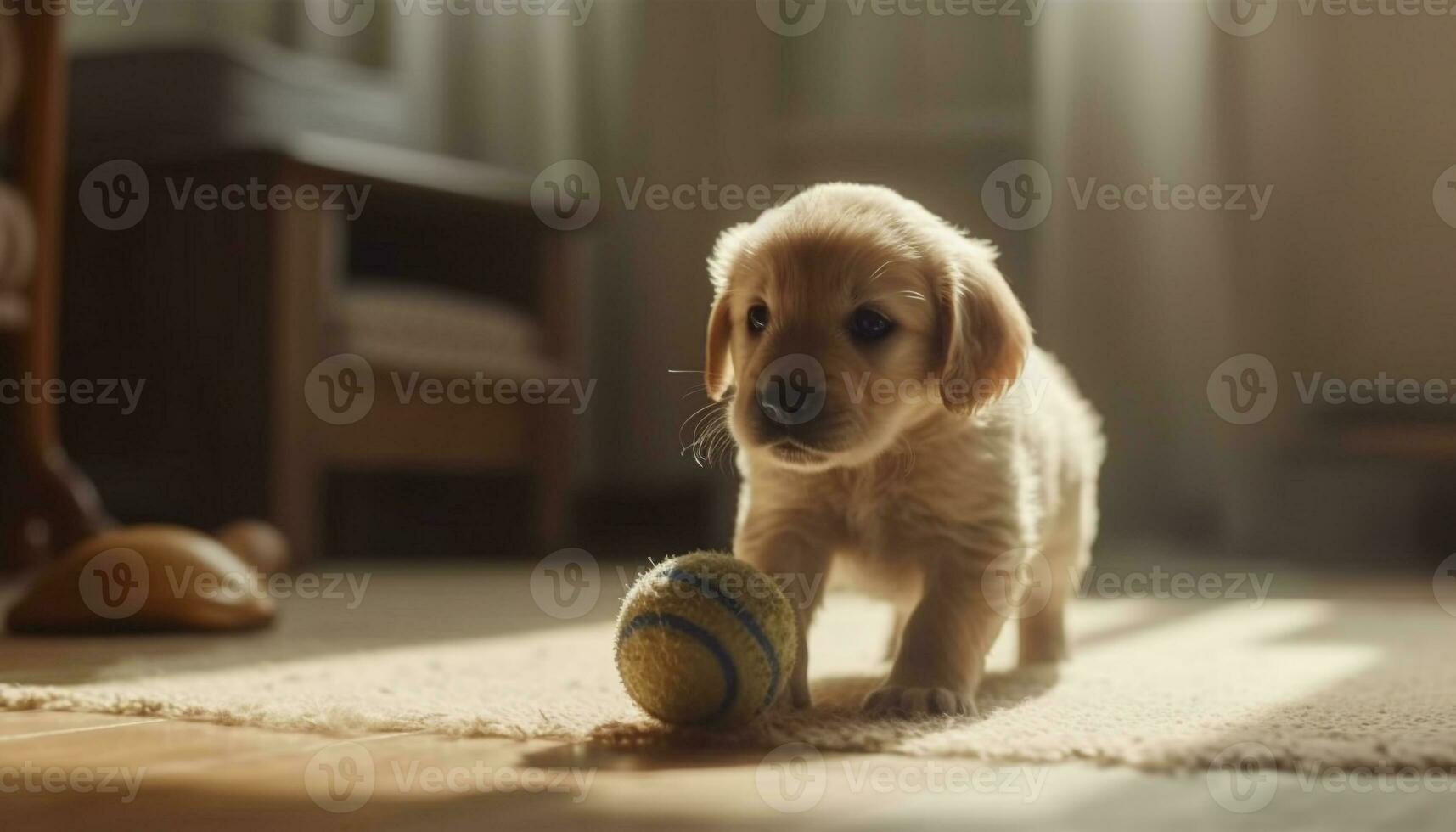 Cute puppy playing with toy ball indoors, purebred retriever generated by AI photo