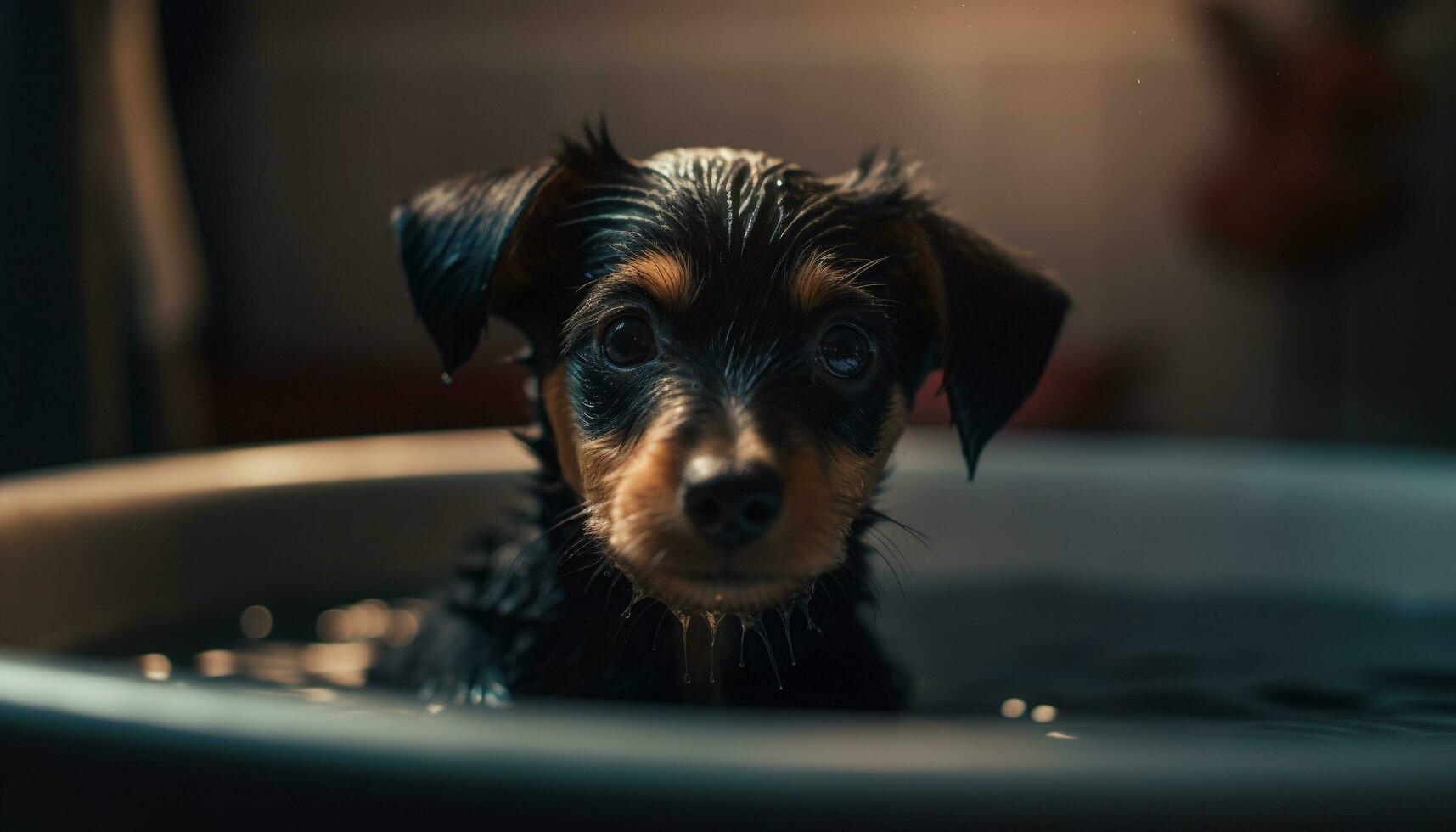 Cute puppy sitting in bathtub, wet fur, looking at camera generated by AI photo