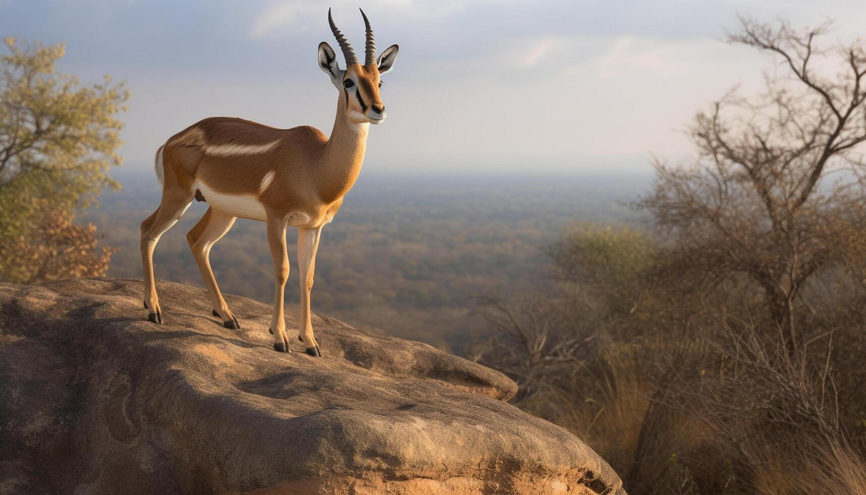 en pie mamífero en africano desierto, mirando a cámara, rodeado por naturaleza generado por ai foto