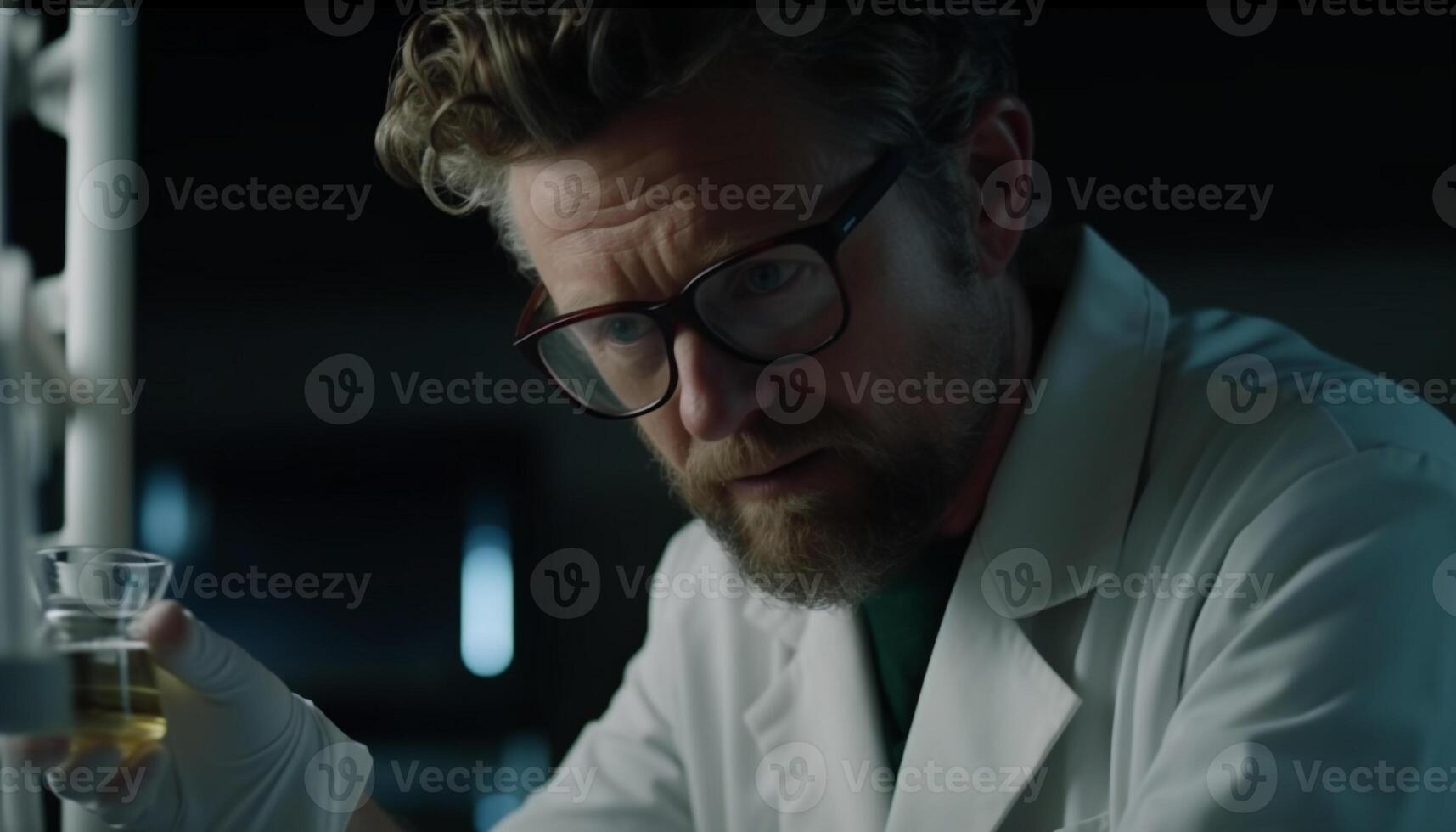A serious scientist in a lab coat analyzing a scientific experiment generated by AI photo