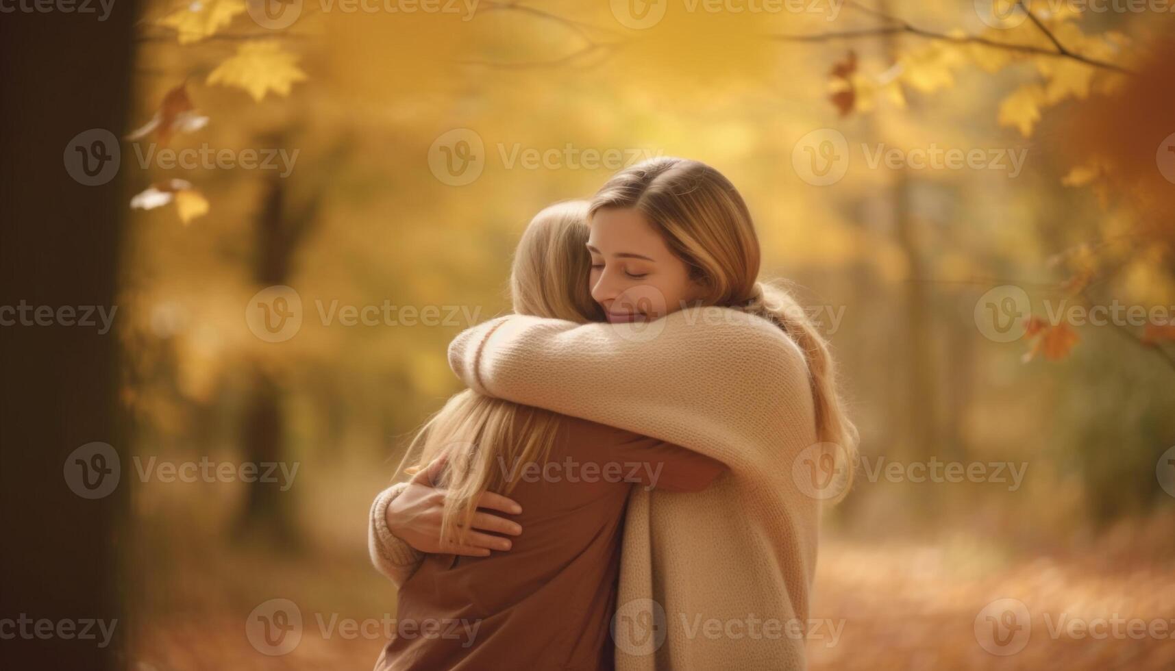 Autumn outdoors, smiling child embraces nature with family happiness and love generated by AI photo
