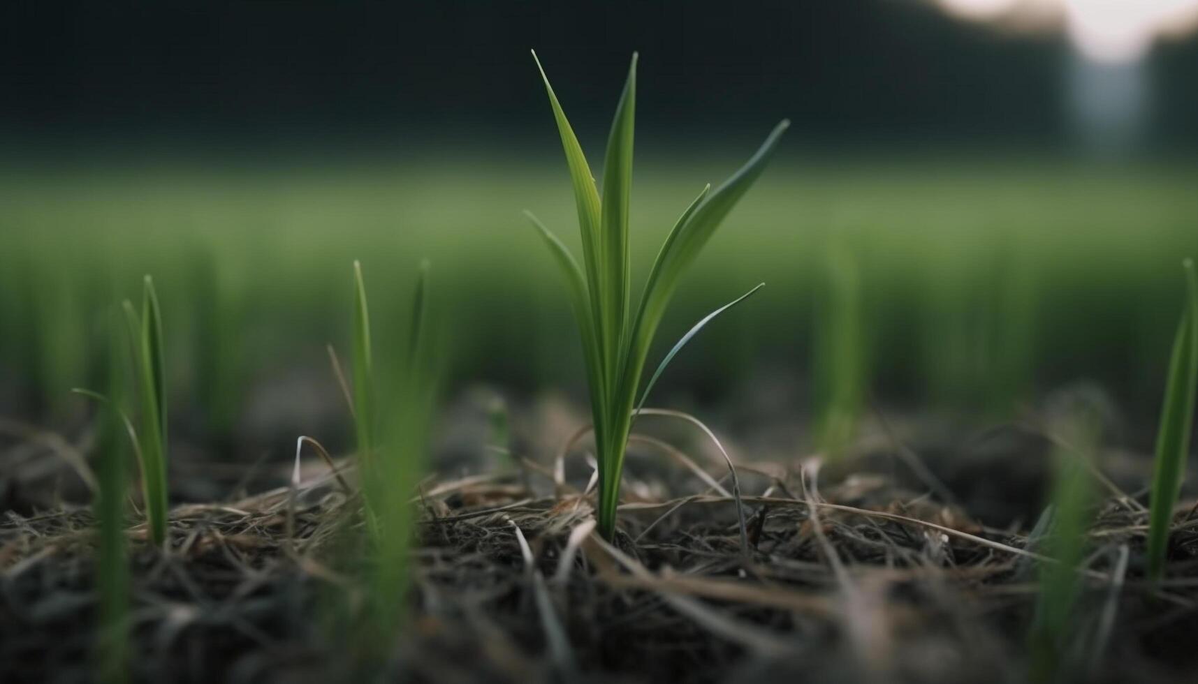 Fresh green grass grows in the meadow, symbolizing nature growth generated by AI photo