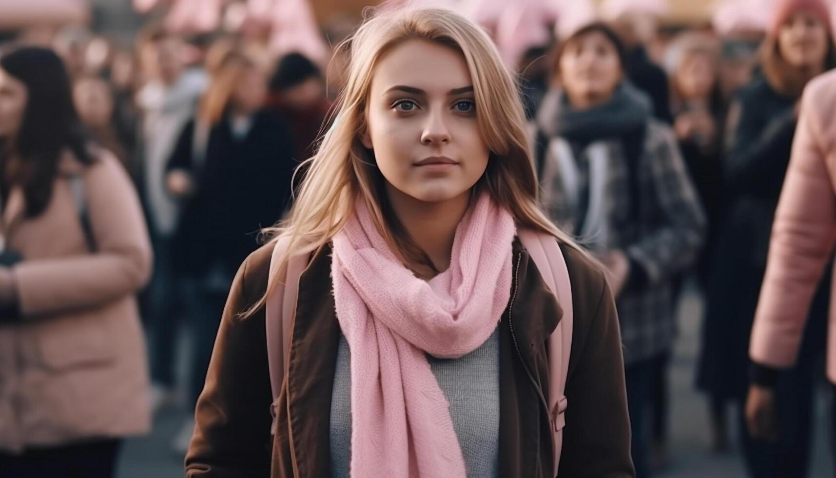 A young woman walking confidently in the city, radiating elegance generated by AI photo