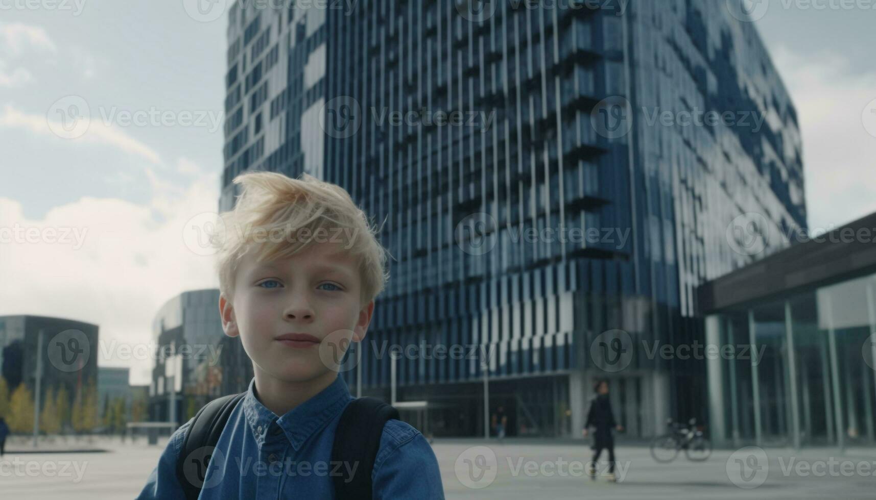 A cheerful schoolboy standing outdoors, looking at the skyscraper generated by AI photo