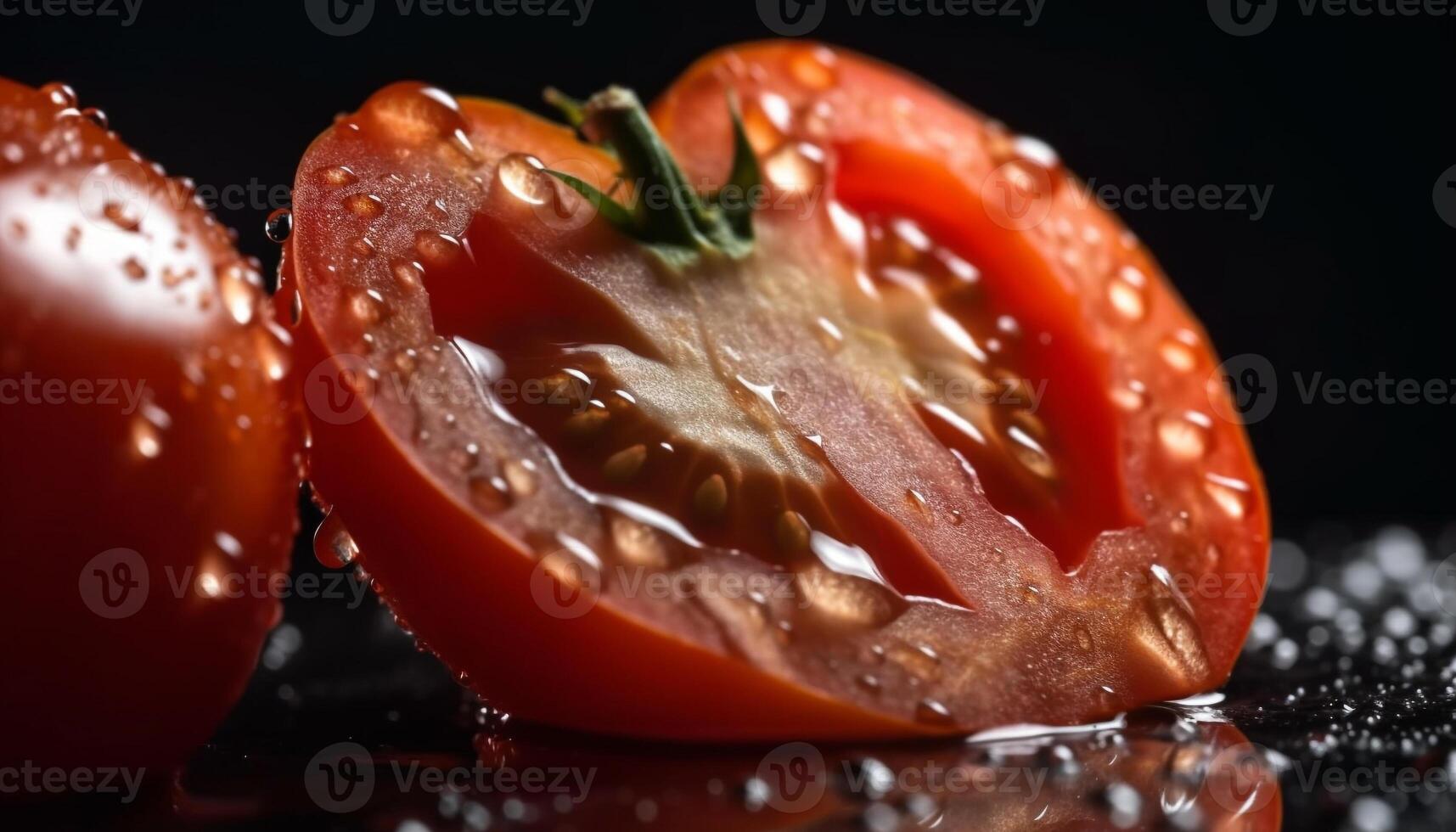 Freshness and nature reflected in a wet tomato slice on black background generated by AI photo