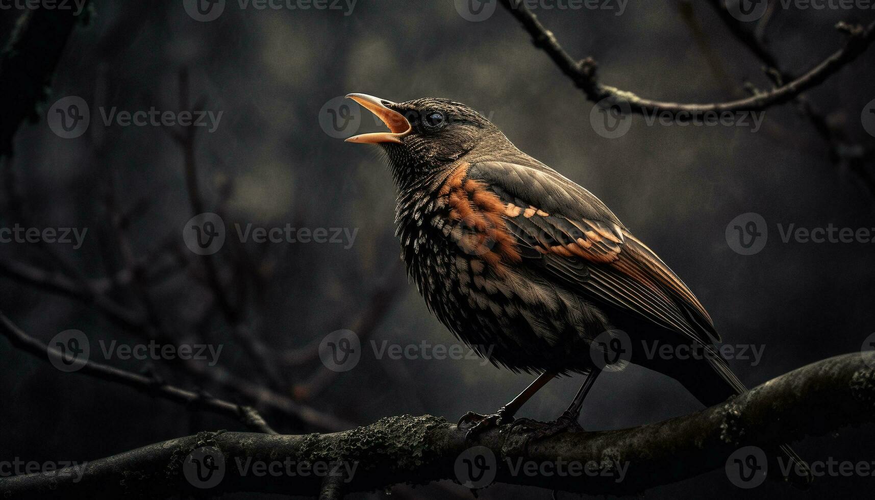 A beautiful starling perching on a branch, singing in winter generated by AI photo