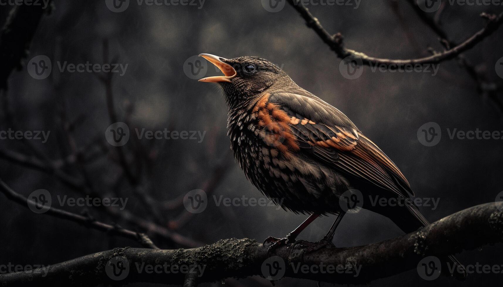 un hermosa estornino encaramado en un rama, canto en invierno generado por ai foto