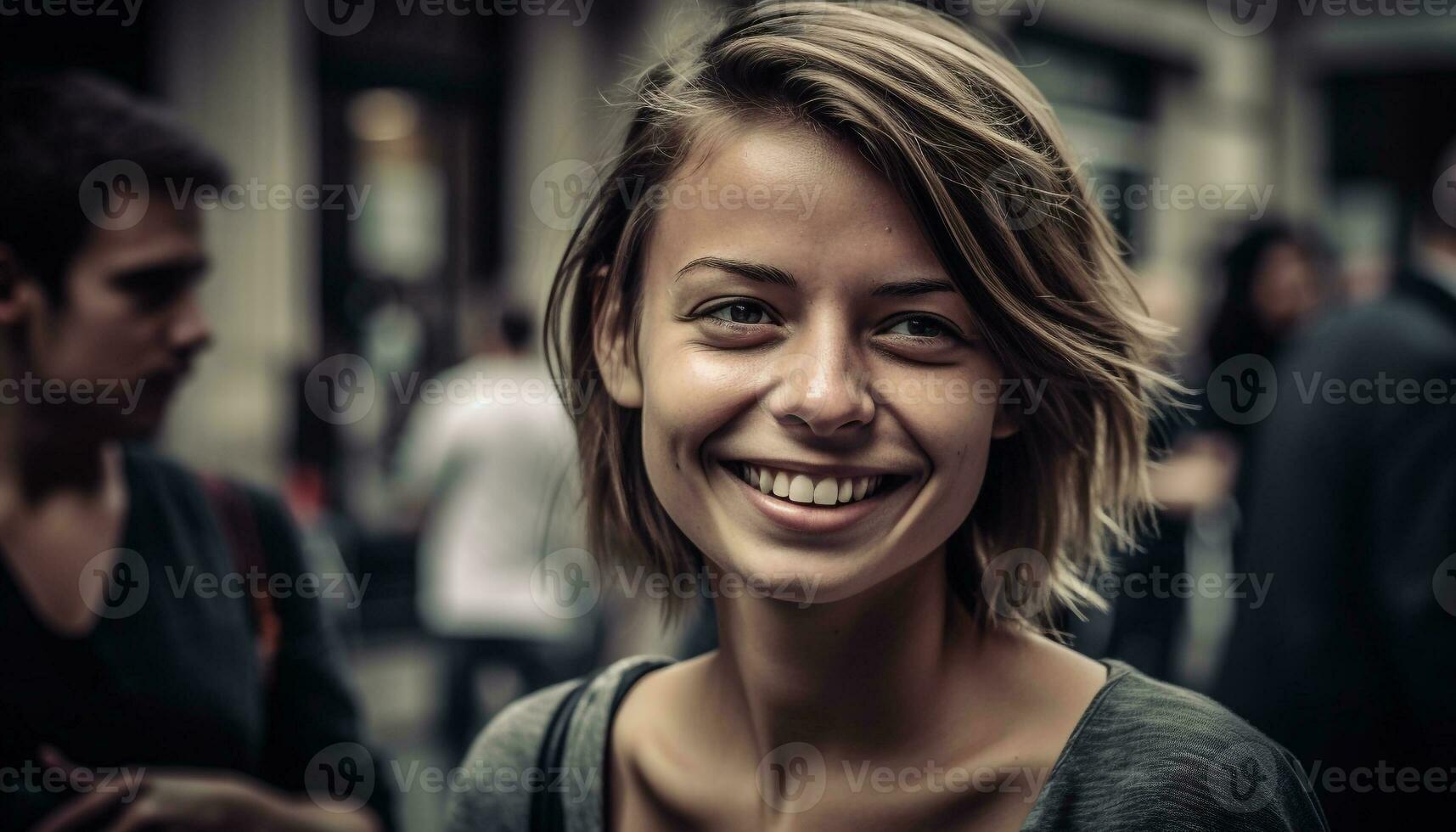 sonriente joven adultos, felicidad, alegre estilos de vida, al aire libre, mirando a cámara generado por ai foto