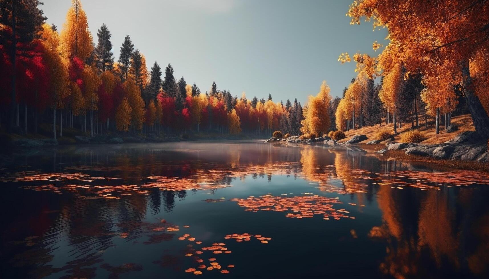 Autumn tree reflects vibrant colors in tranquil reflection lake generated by AI photo