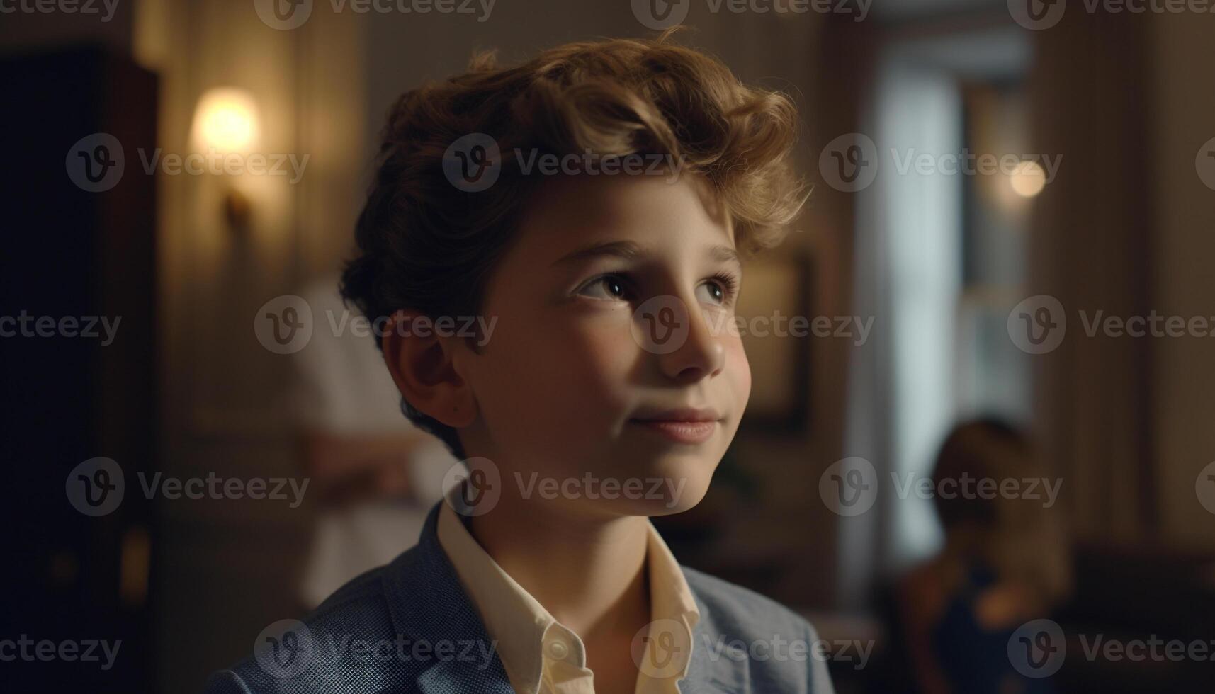 A cute boy smiling, looking at camera, indoors, surrounded by family generated by AI photo
