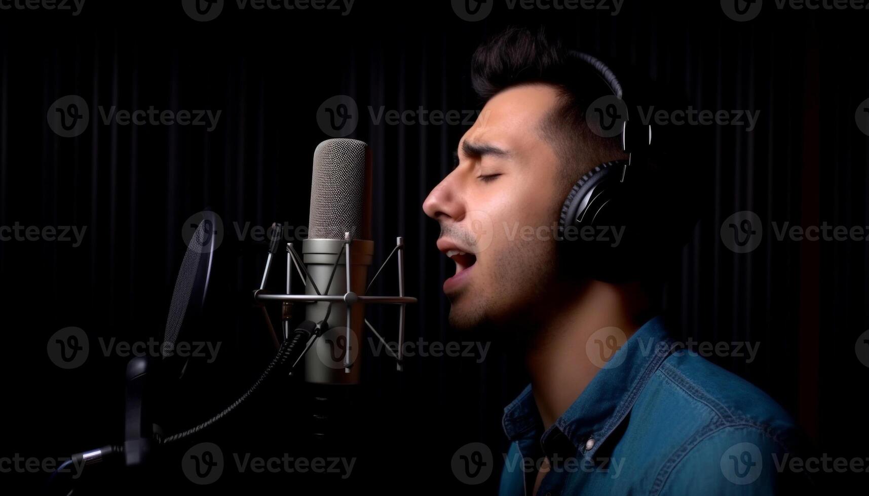 joven adulto músico canto con micrófono en grabación estudio generado por ai foto