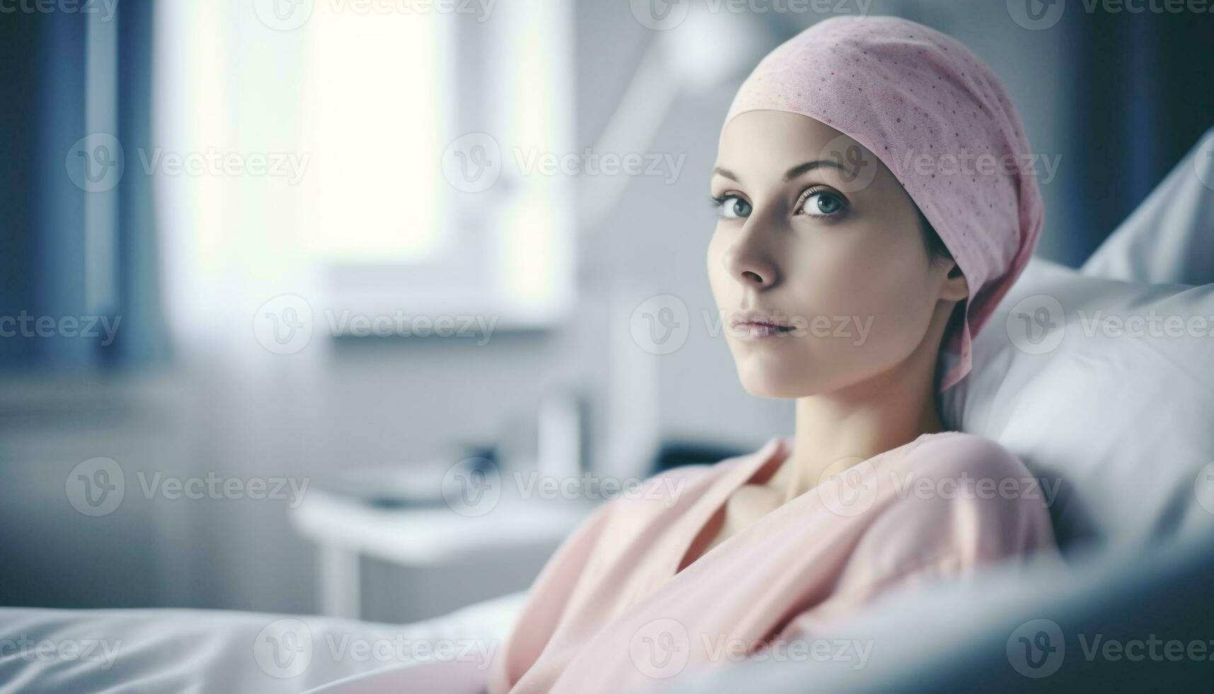 A young woman resting comfortably on a bed, looking away generated by AI photo