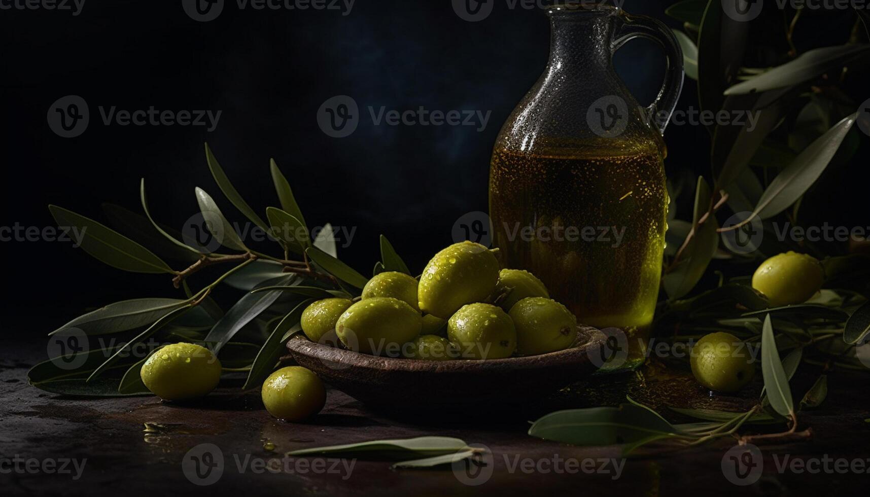 Fresco verde aceitunas en un de madera mesa, naturaleza sano gastrónomo deleite generado por ai foto