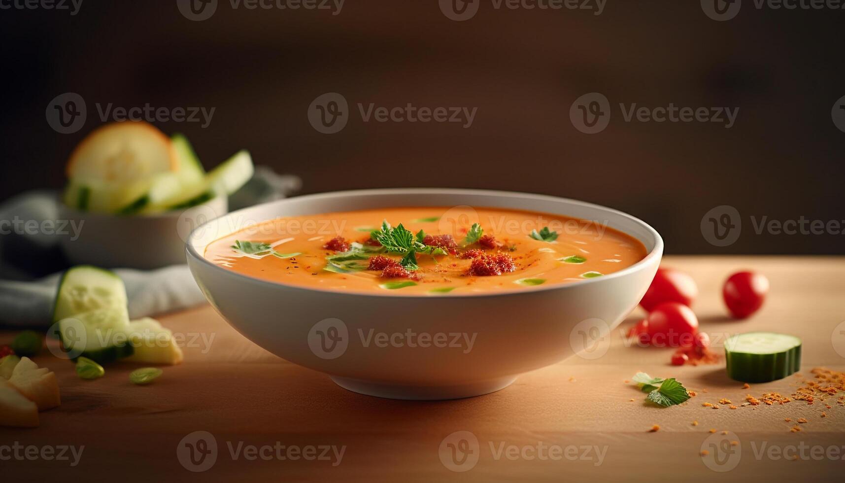Freshness and healthy eating on a wooden table, vegetarian soup generated by AI photo
