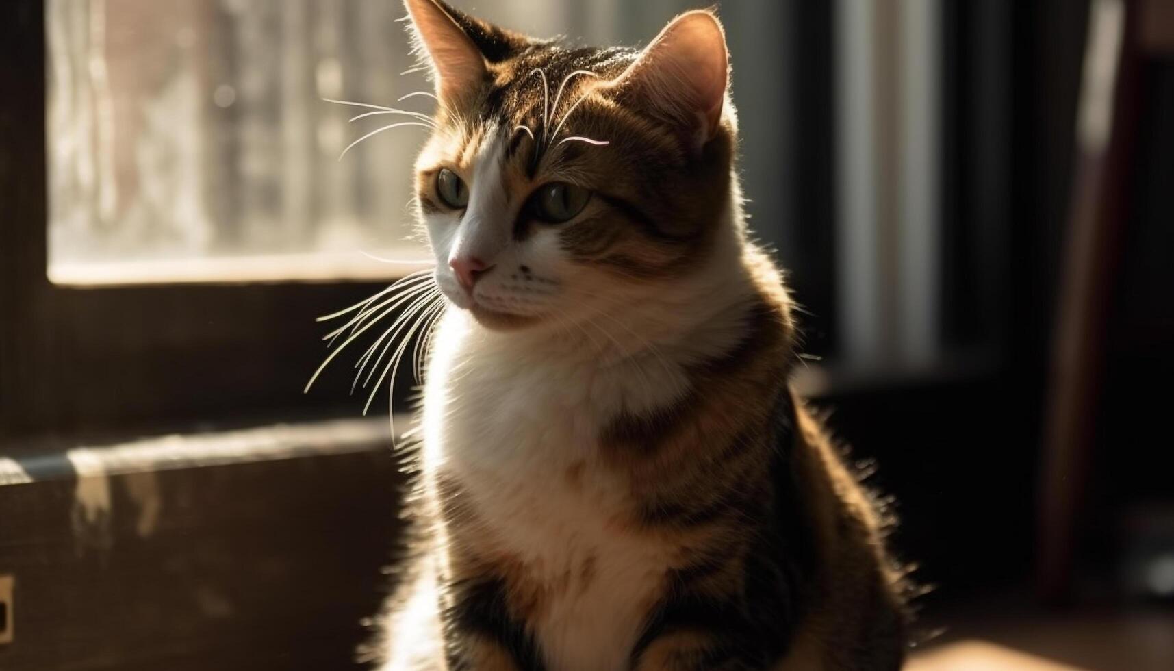 Cute kitten sitting by the window, staring with curious eyes generated by AI photo