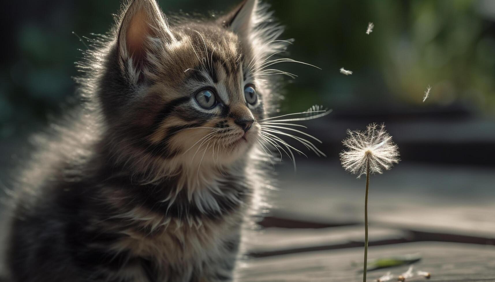 Cute kitten sitting in grass, looking at camera with curiosity generated by AI photo
