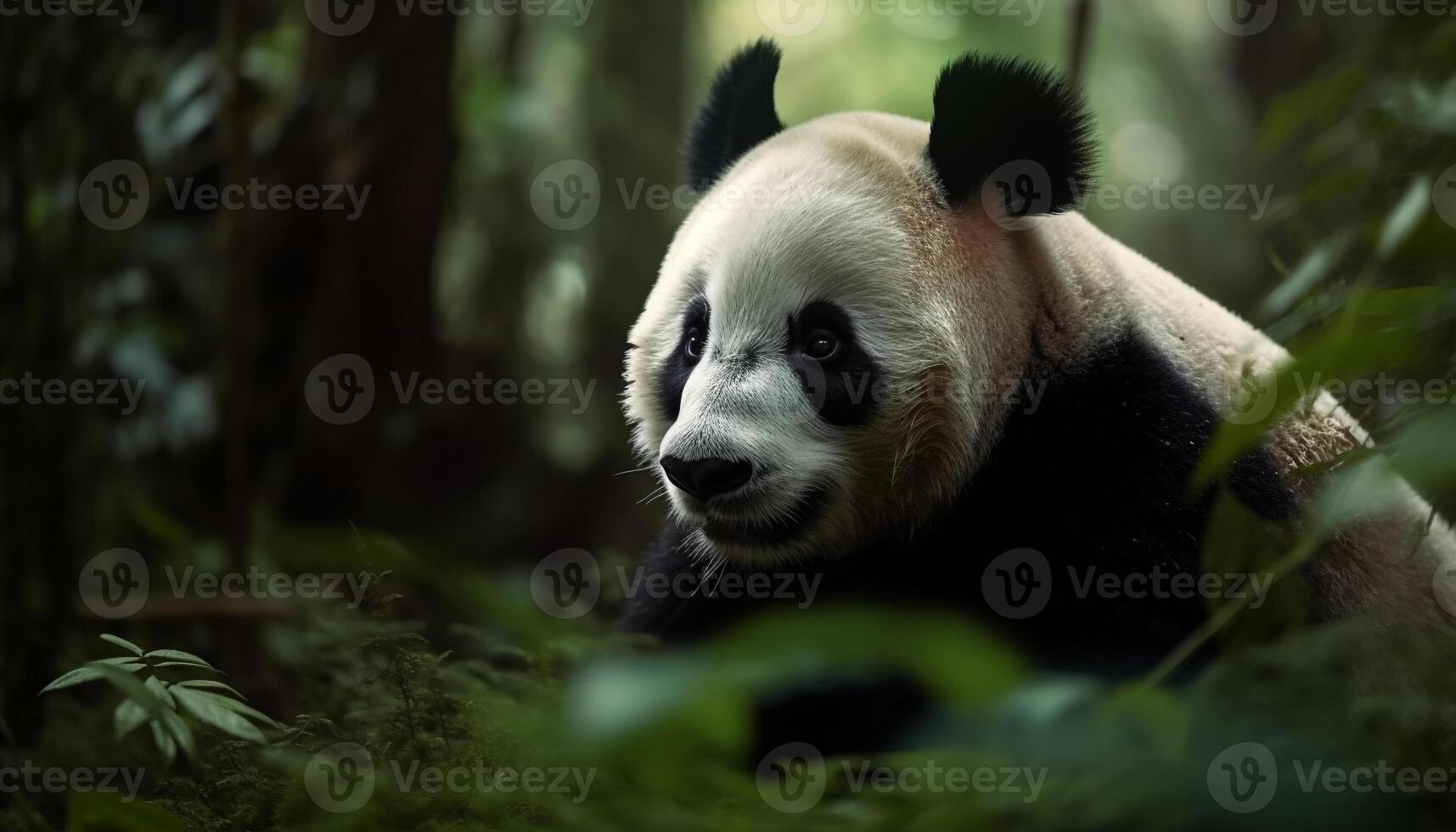 Cute panda sitting in the forest, eating bamboo, looking at camera generated by AI photo