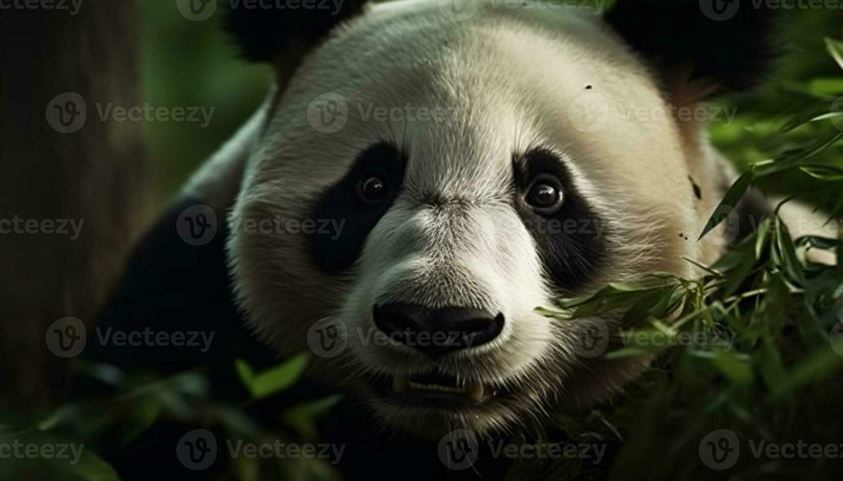 Cute panda eating bamboo in the wild, surrounded by green forest generated by AI photo