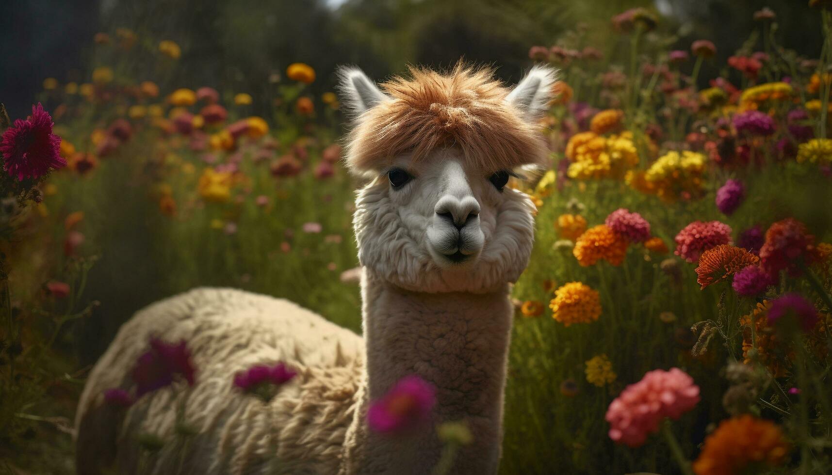 linda alpaca pasto en verde prado, mirando a cámara generado por ai foto