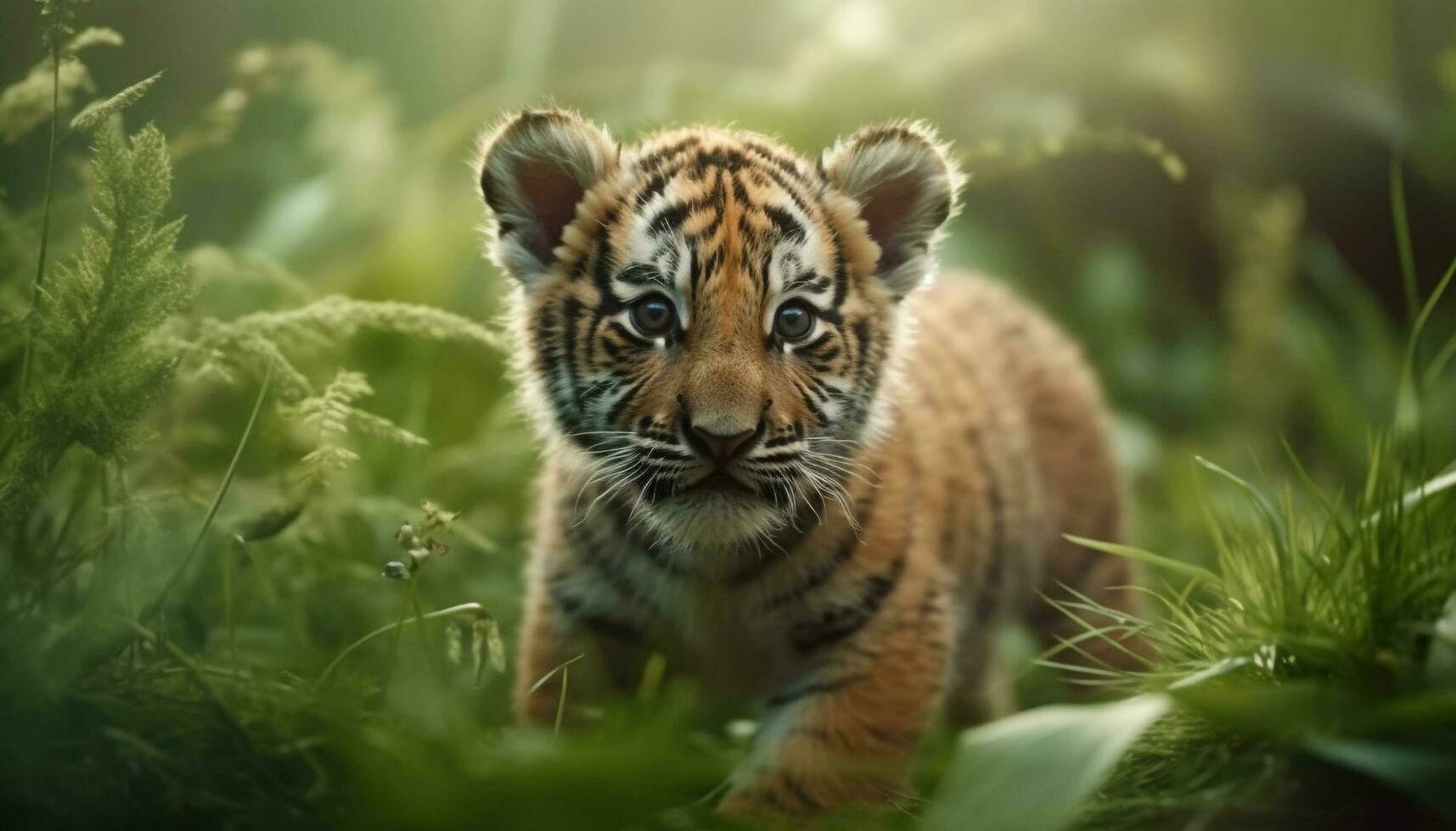Tiger walking in the forest, staring with tranquil green eyes generated by AI photo