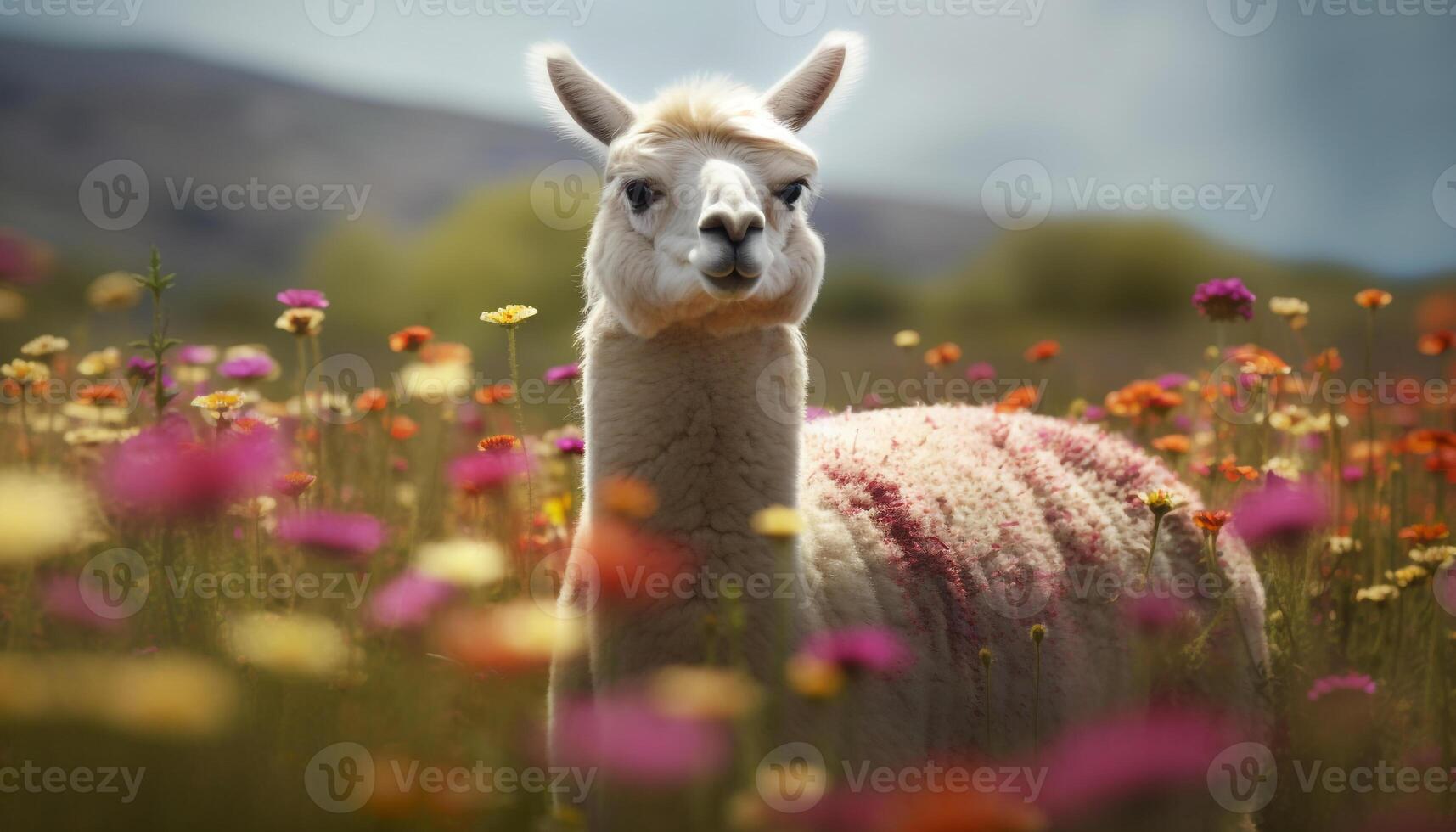 Cute alpaca grazing on green meadow, surrounded by tranquil nature generated by AI photo