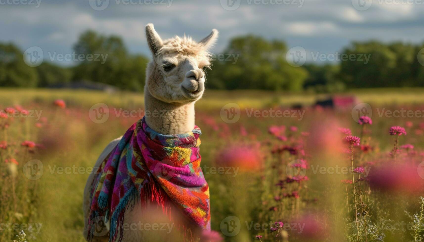 Cute alpaca grazing on green meadow, looking at camera generated by AI photo