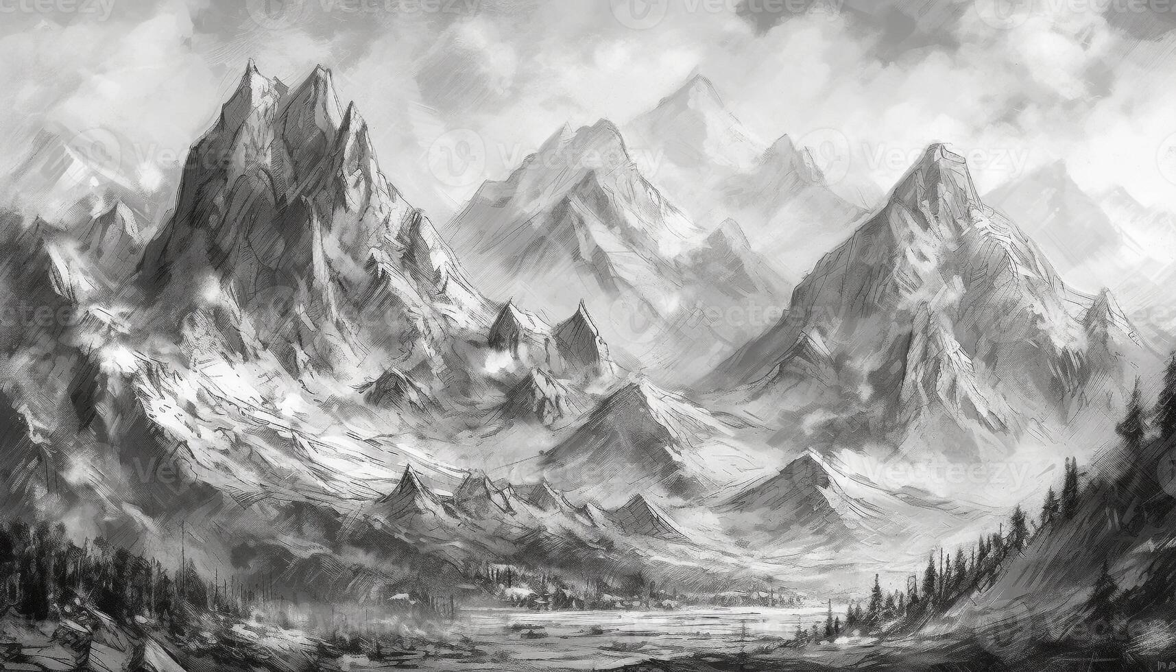 Majestic mountain peak, snow covered landscape, black and white illustration generated by AI photo