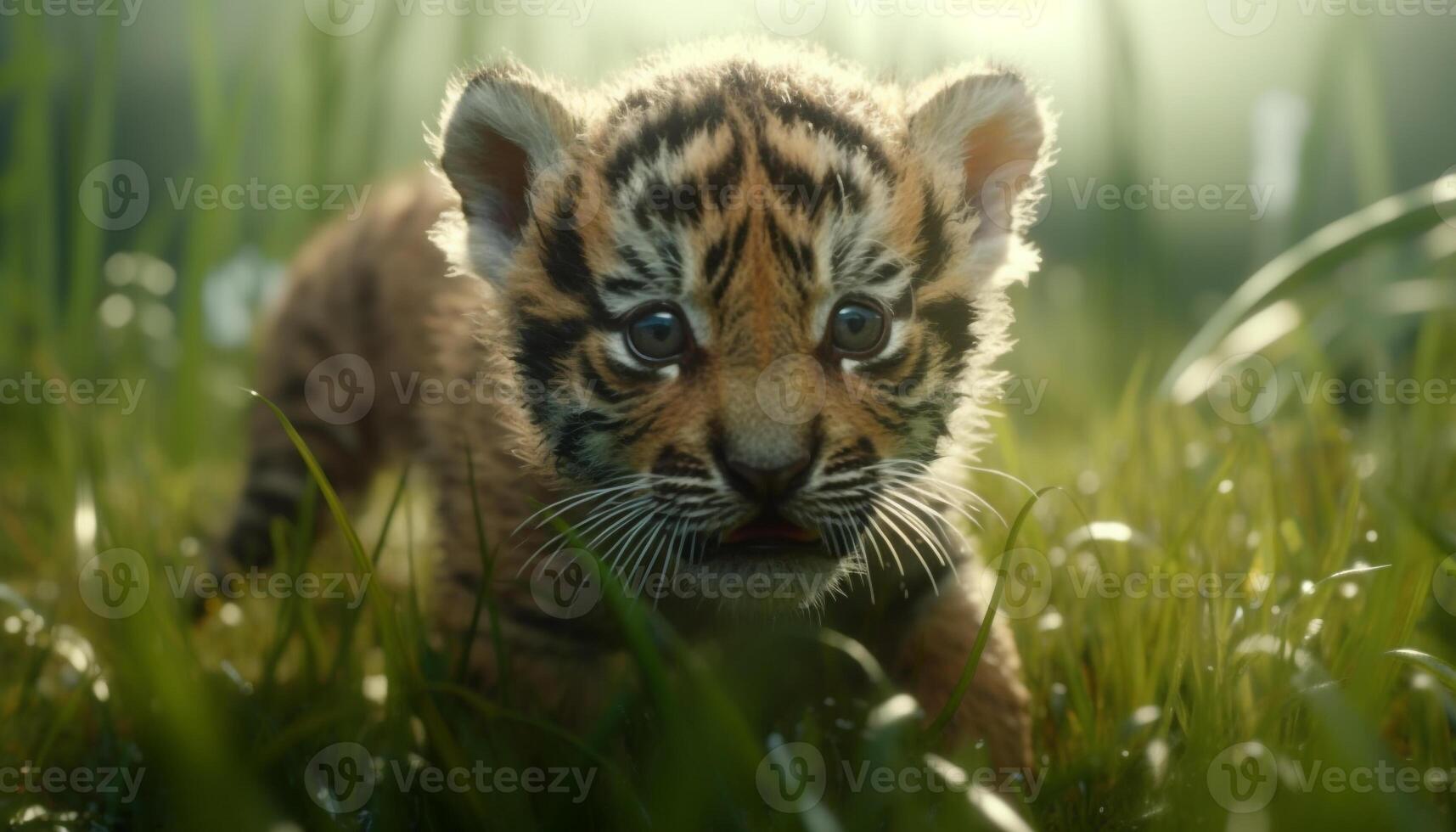 Cute tiger cub hiding in grass, looking at camera playfully generated by AI photo