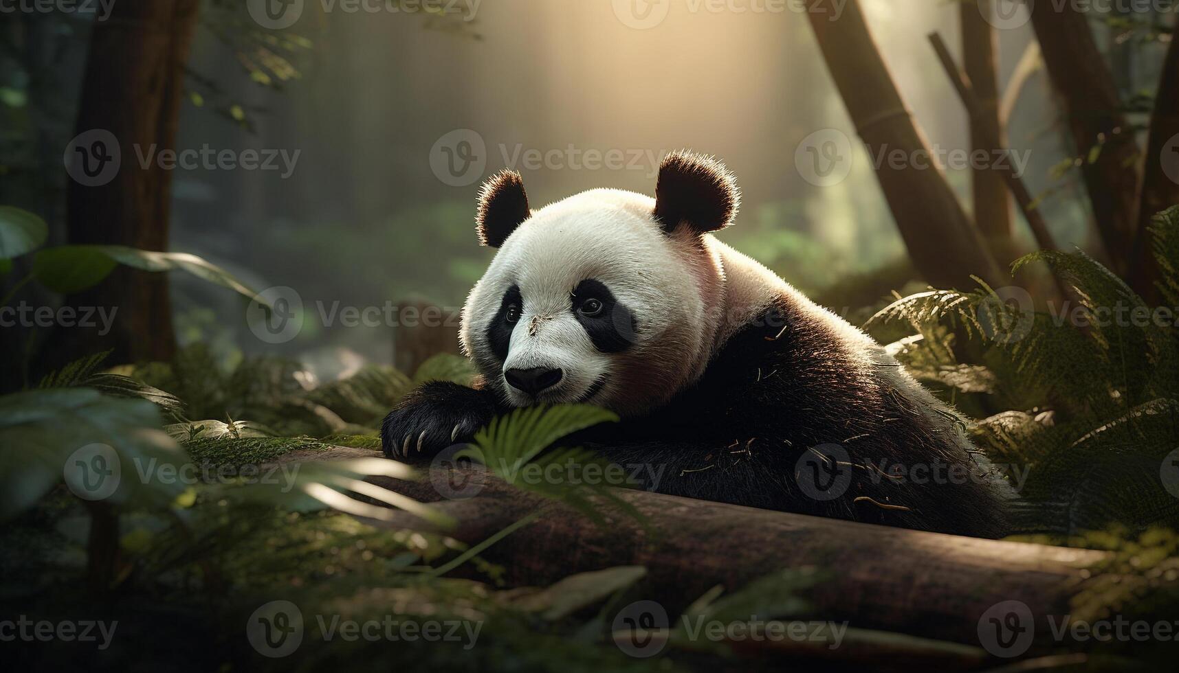 Cute giant panda sitting on bamboo, looking at camera playfully generated by AI photo