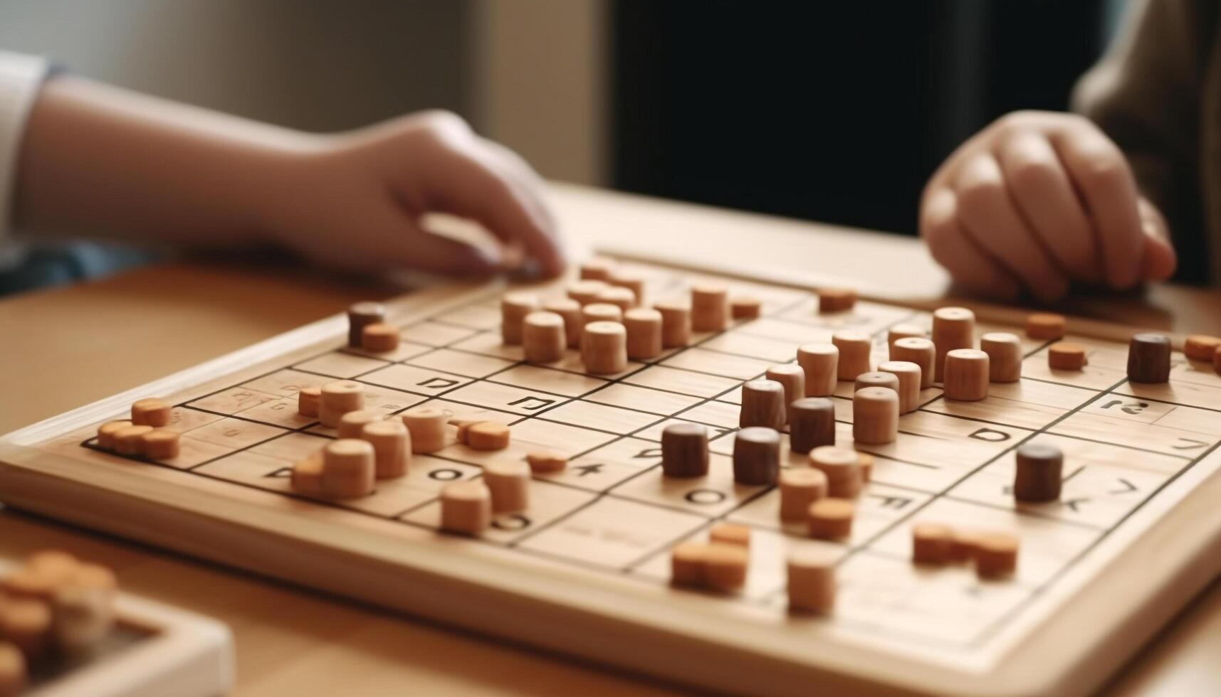 Child playing chess, concentration, intelligence, family enjoyment generated by AI photo