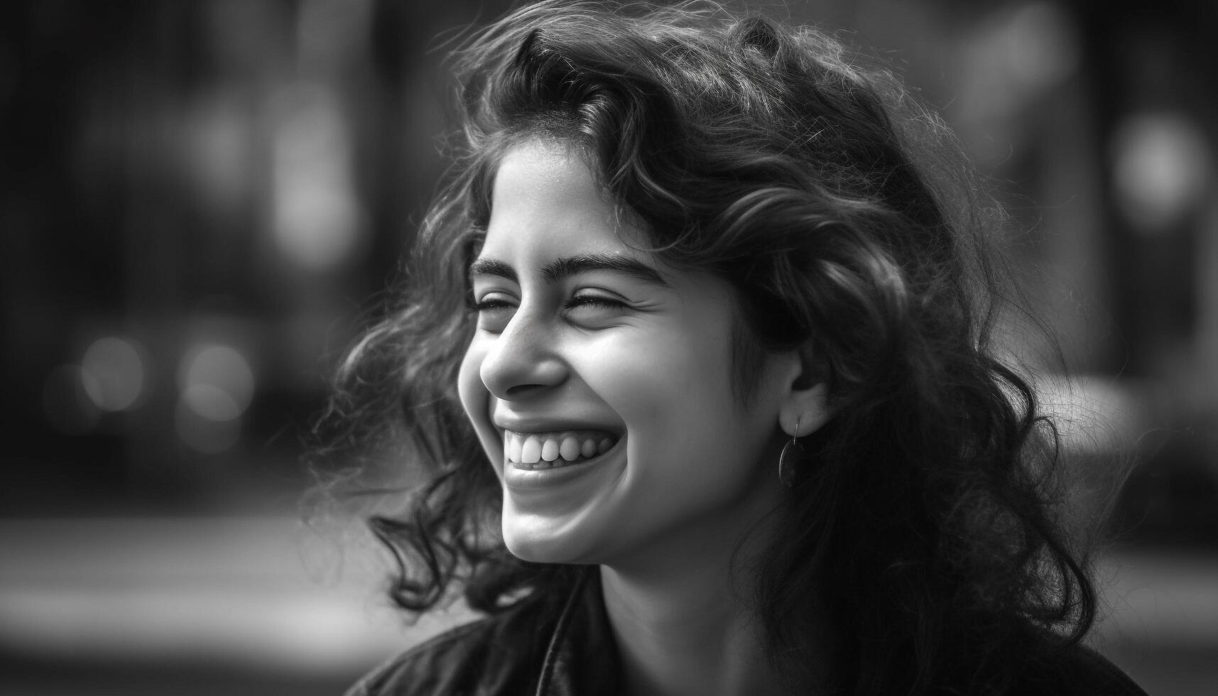 Smiling young woman outdoors, portrait of cheerful beauty in black and white generated by AI photo