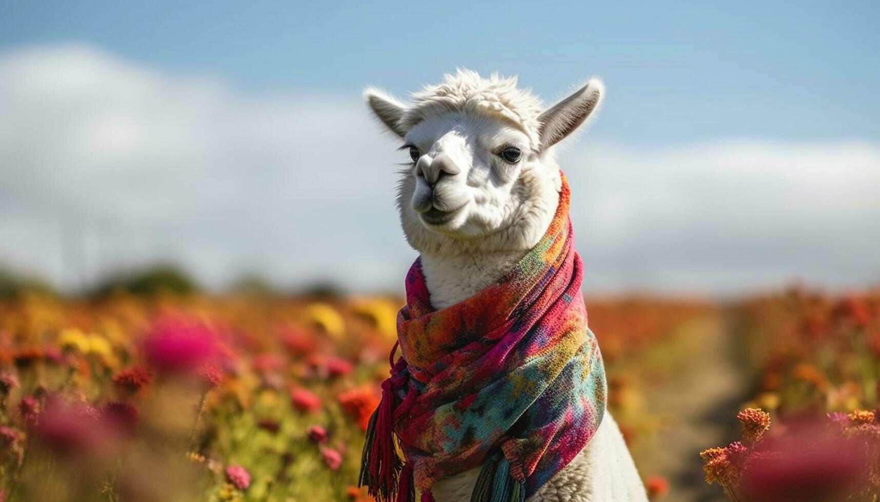 Cute alpaca in rural scene, looking at camera, surrounded by grass generated by AI photo