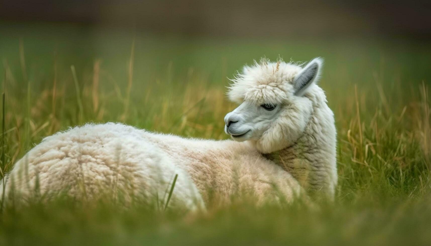 Cute alpaca grazing in green meadow, fluffy fleece coat generated by AI photo