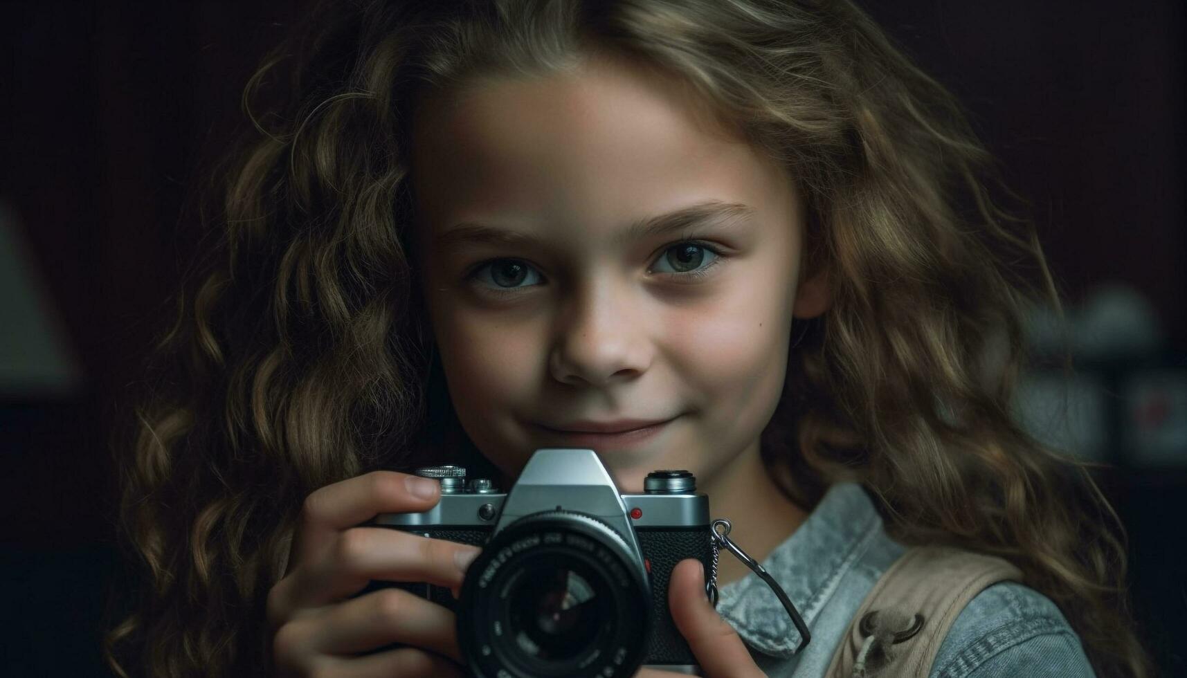 Cute Caucasian girl smiling, holding camera, looking at photographer outdoors generated by AI photo
