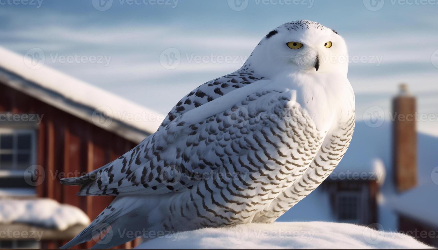 Snowy owl perched on branch, looking at camera in winter generated by AI photo