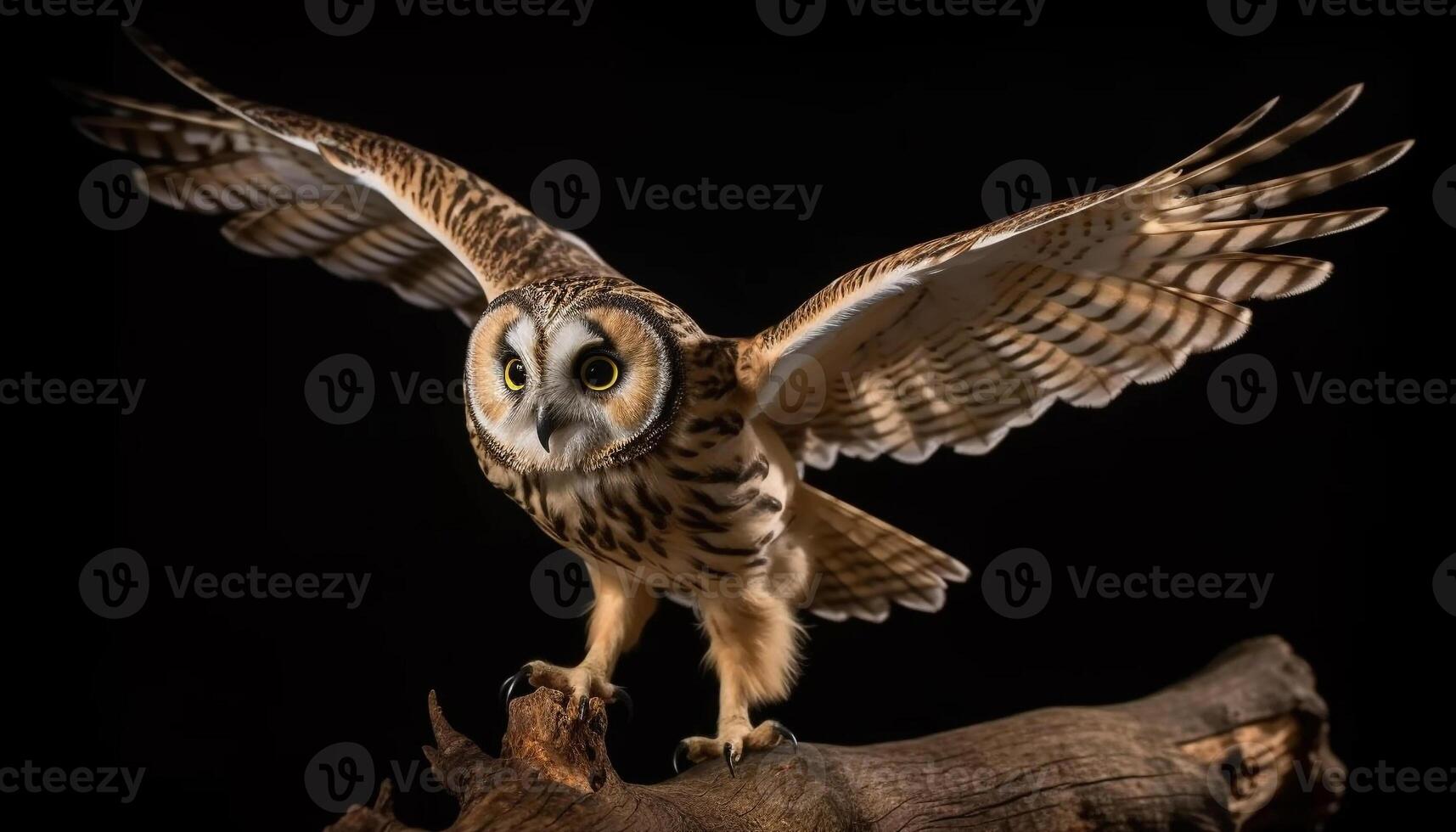 Flying bird of prey with spread wings, on black background generated by AI photo