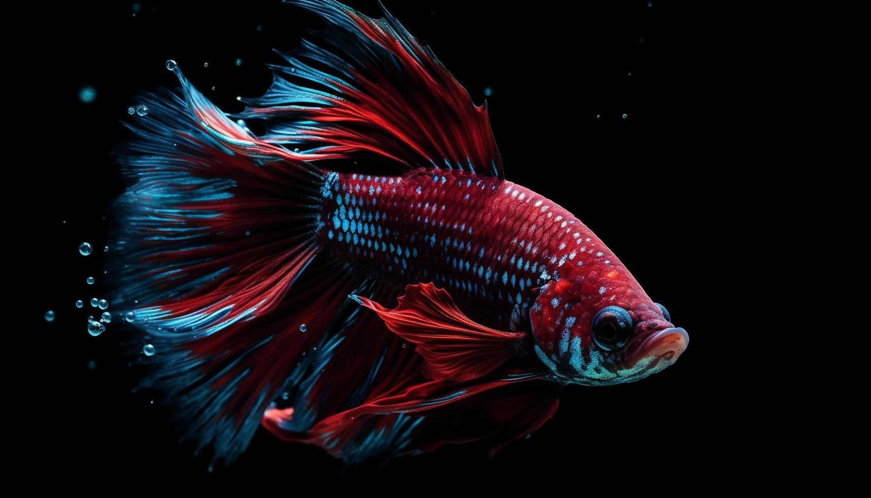 Siamese fighting fish swimming in dark water, displaying vibrant colors generated by AI photo