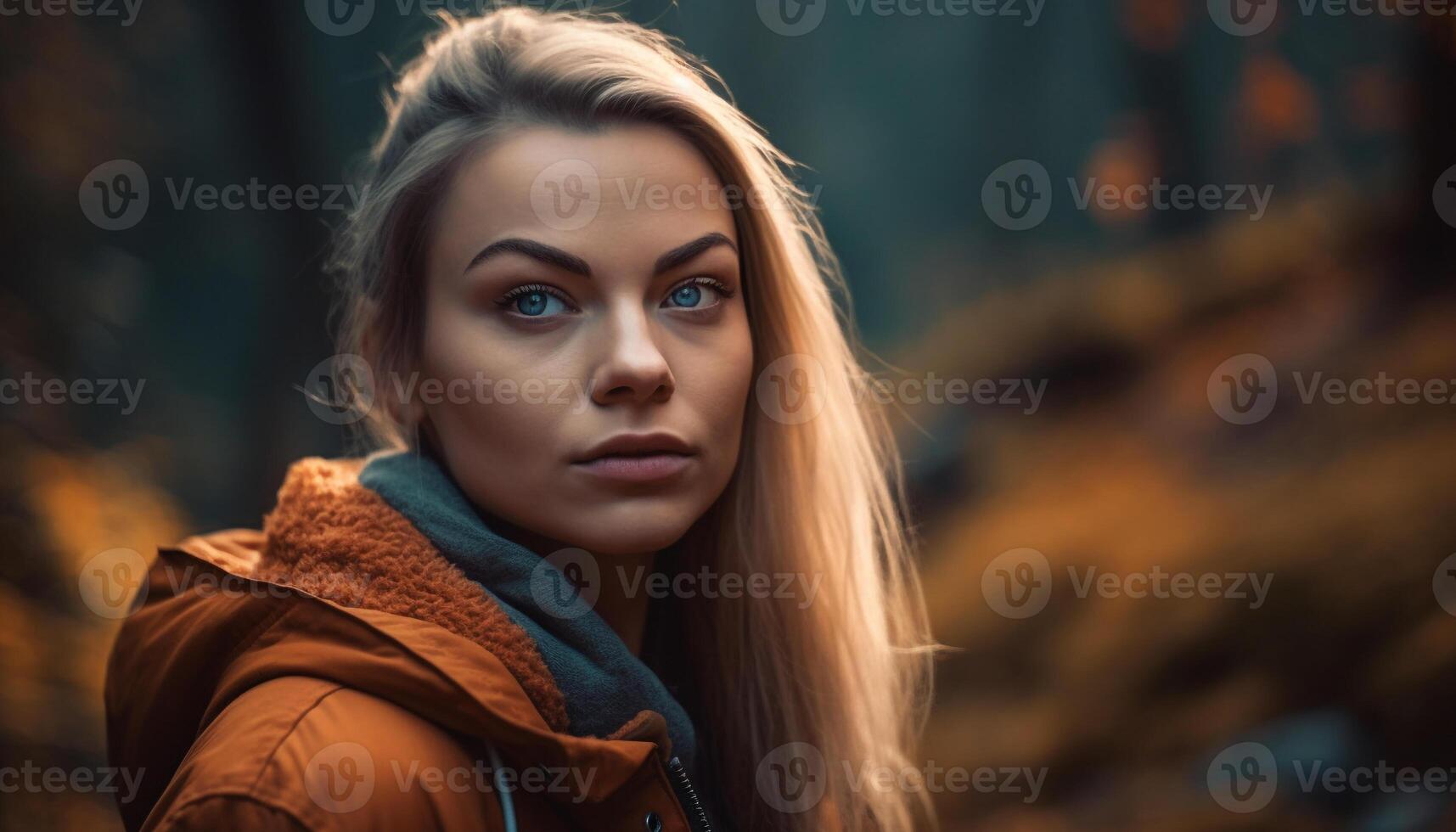 Young adult woman outdoors, looking at camera, smiling with confidence generated by AI photo