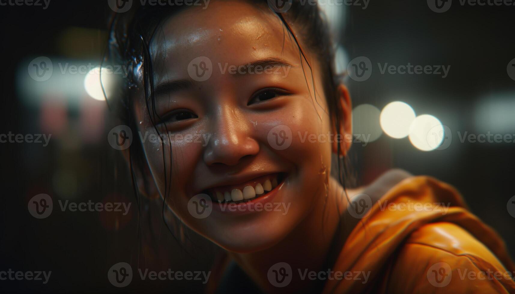 Smiling young woman outdoors, looking at camera with happiness generated by AI photo