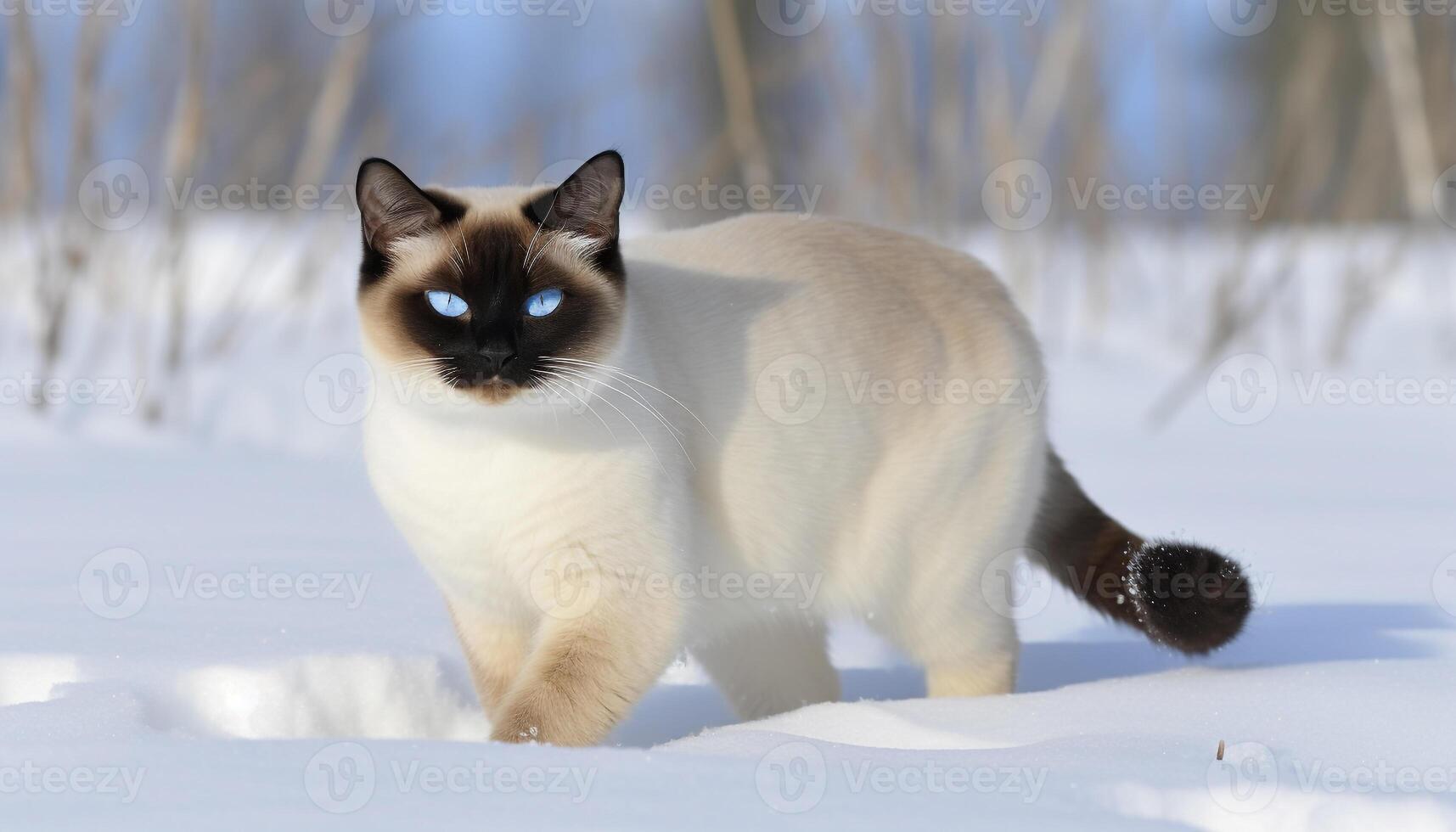 Cute kitten playing in the snow, staring at the camera generated by AI photo