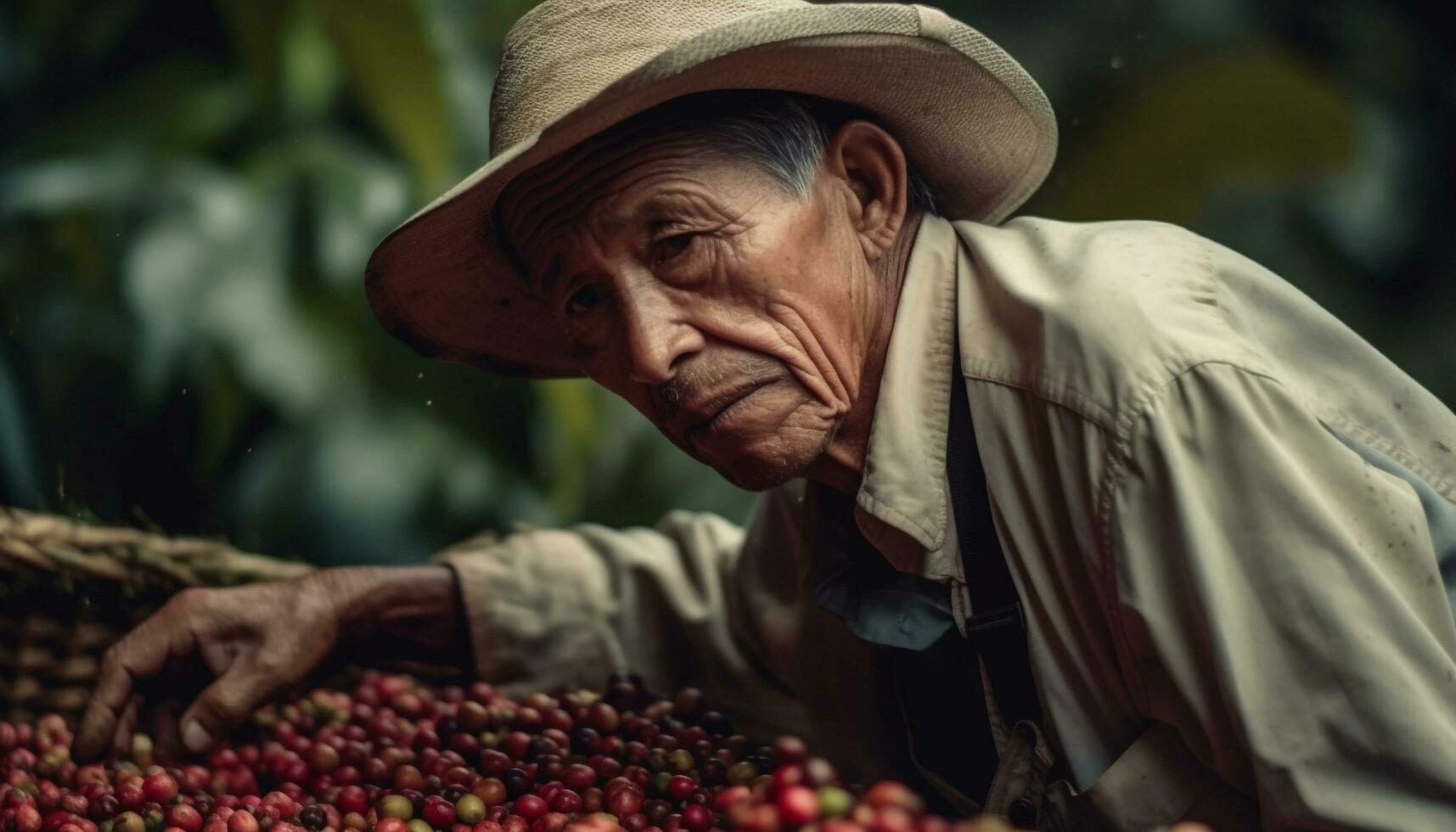 Senior adult farmer harvesting ripe fruit in an organic farm generated by AI photo