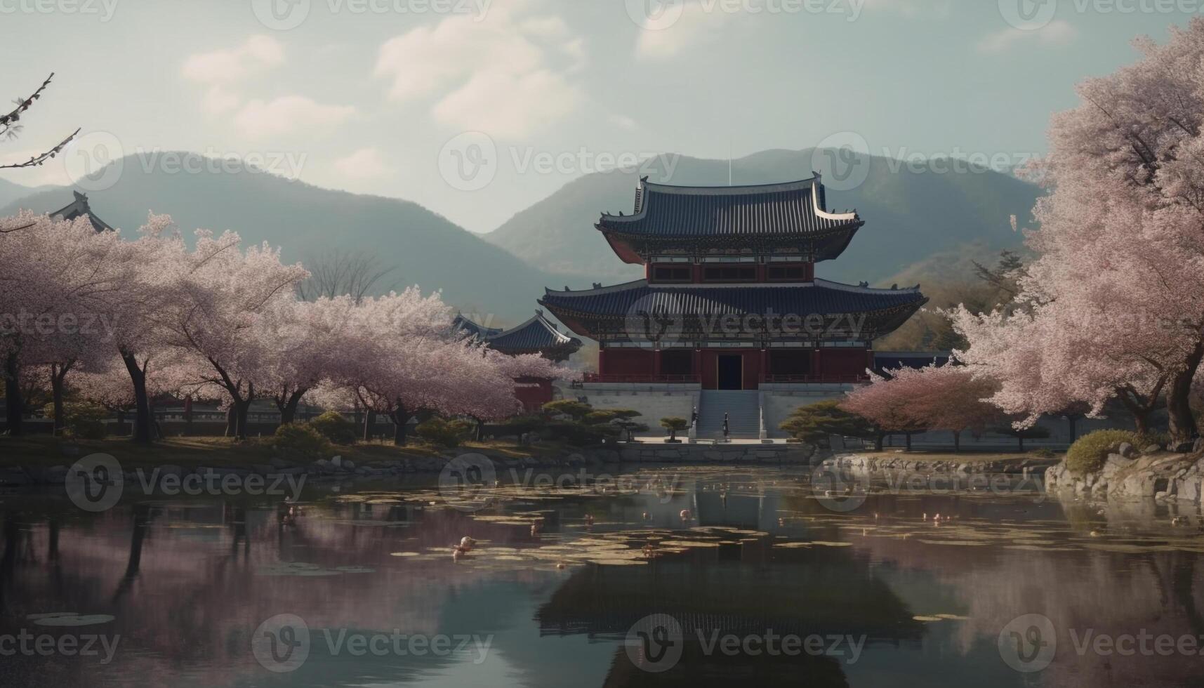 Cherry blossom tree reflects beauty in nature, ancient Chinese culture generated by AI photo