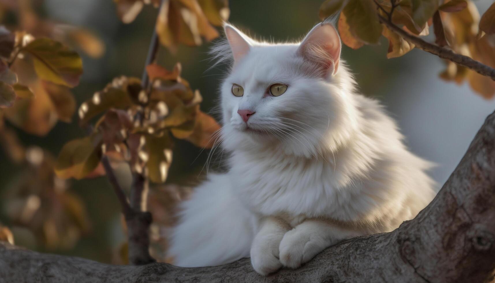 Cute kitten sitting on a tree branch, staring at camera generated by AI photo