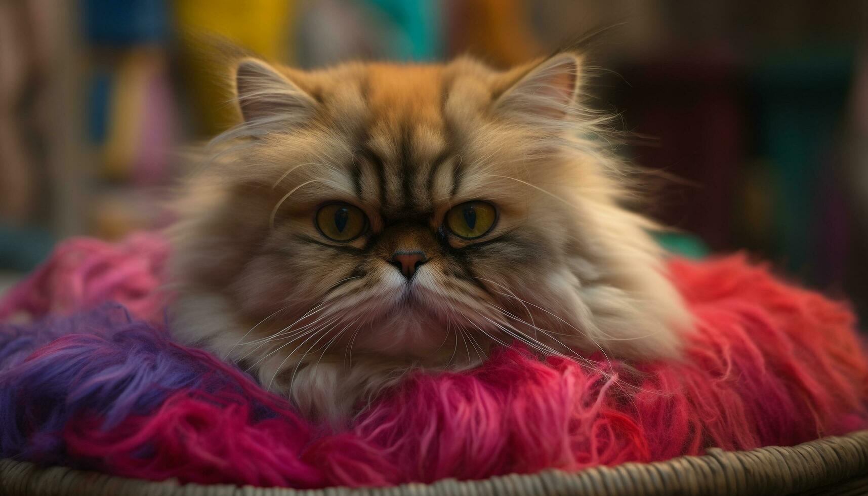 Cute kitten with fluffy fur, looking at camera, peacefully sleeping generated by AI photo