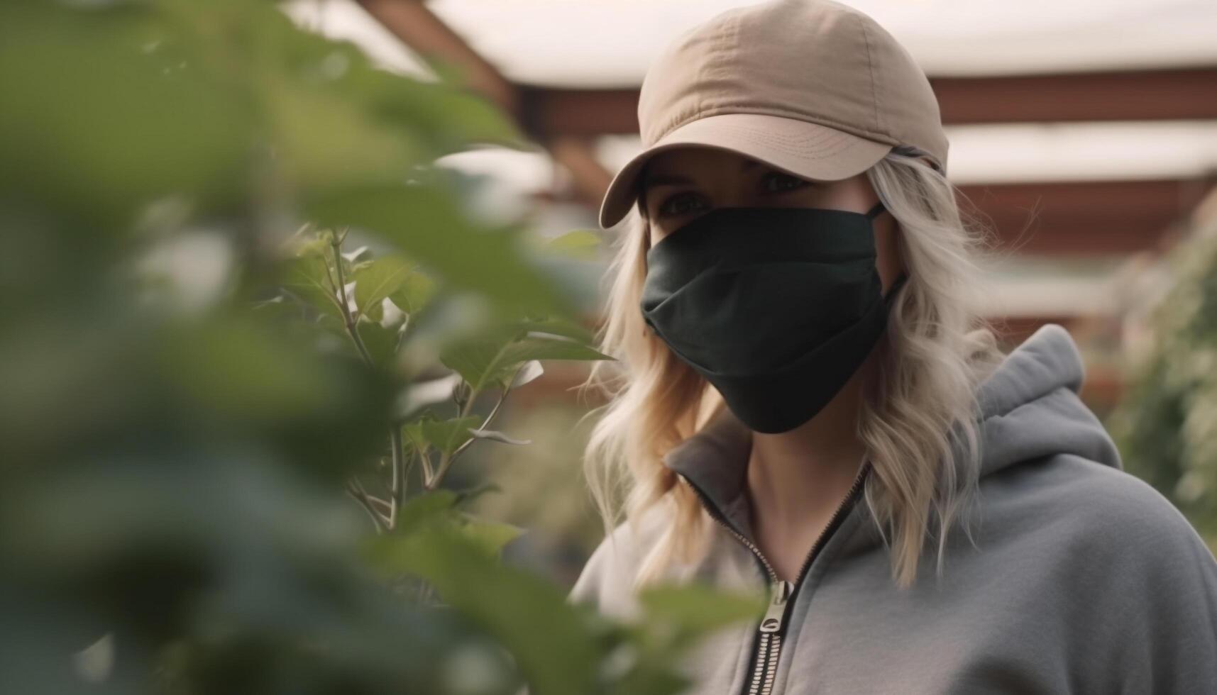 A young woman in casual clothing smiles, hiding in the forest generated by AI photo
