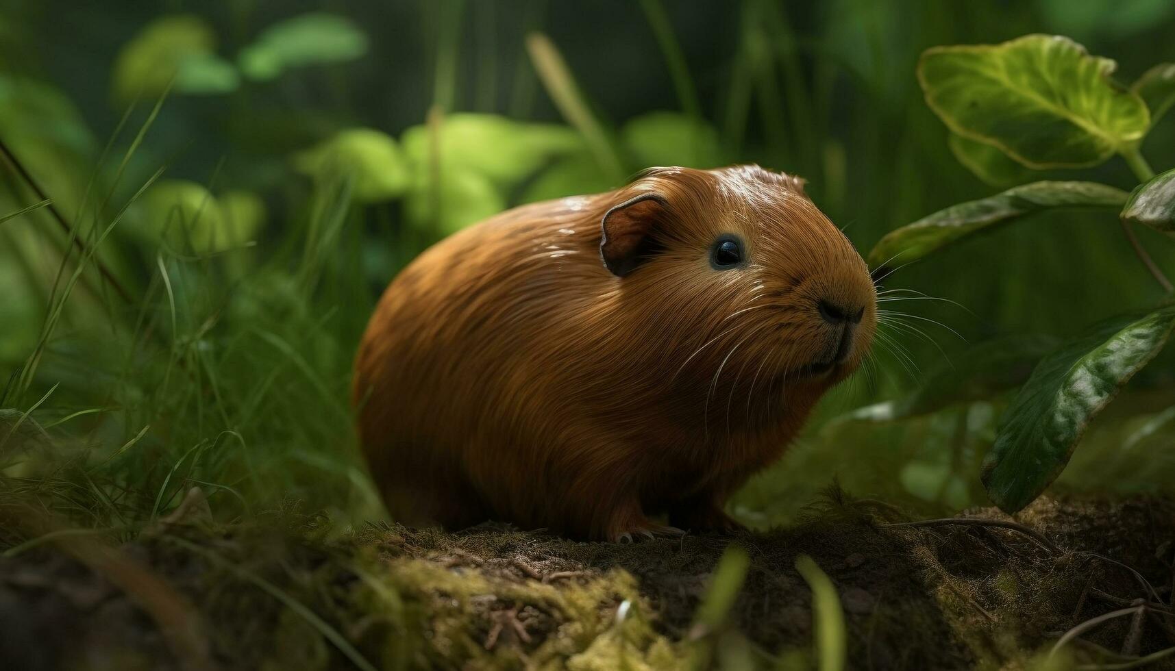 linda Guinea cerdo sentado en el césped, comiendo verde plantas generado por ai foto