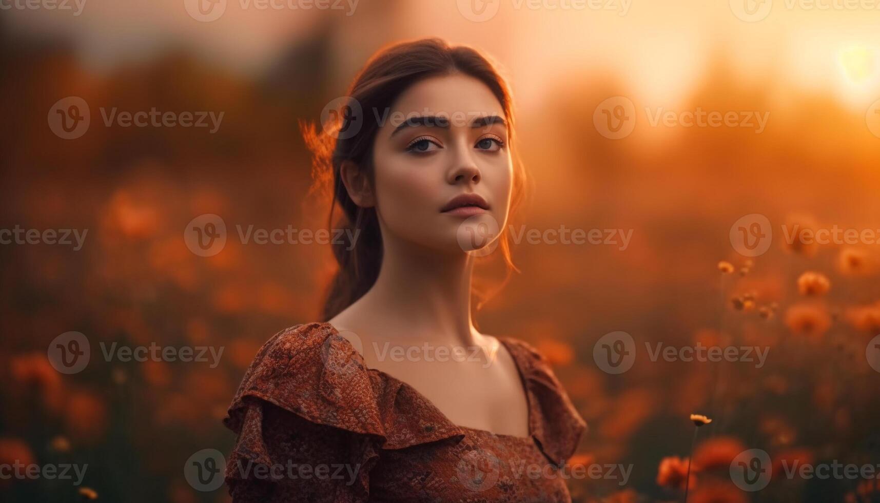 un hermosa joven mujer en naturaleza, mirando a el puesta de sol generado por ai foto